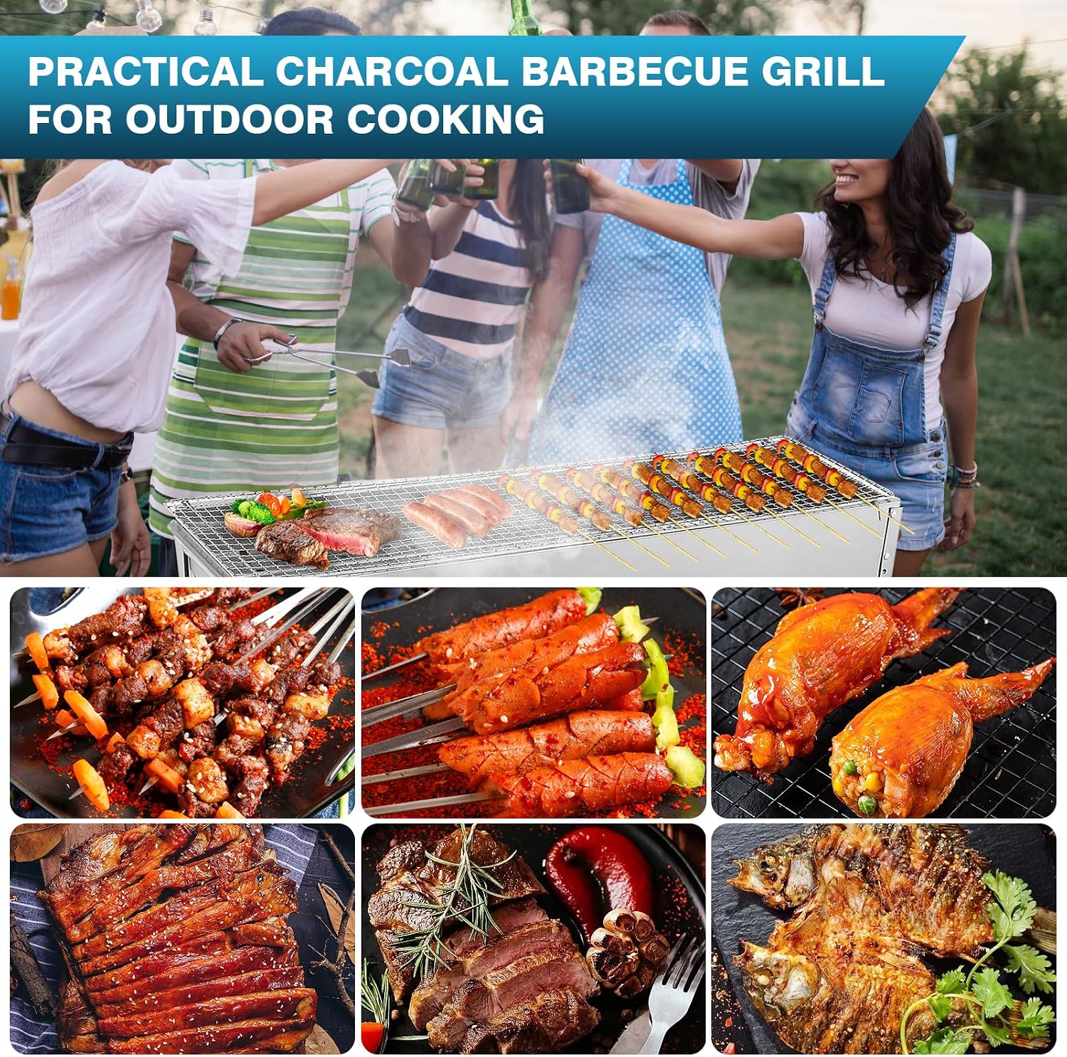 IRONWALLS Portable Charcoal Grills Outdoor with Stand 32"(L) x8"(W) x32"(H) | Stainless Steel Foldable Barbecue Grill Stand Charcoal