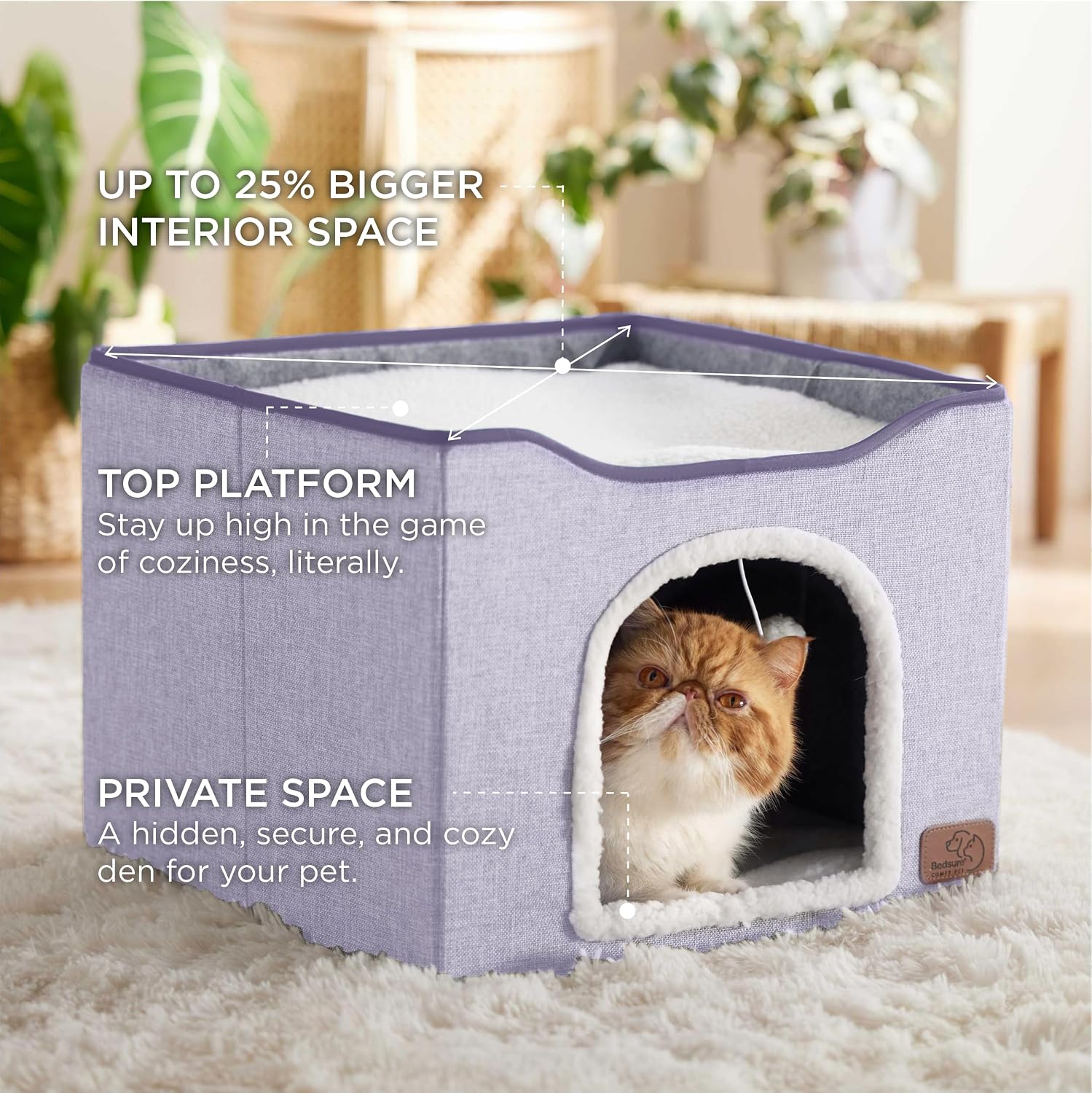 Bedsure Cat House Bed for Indoor Cats with Fluffy Ball and Scratch Pad,Grey