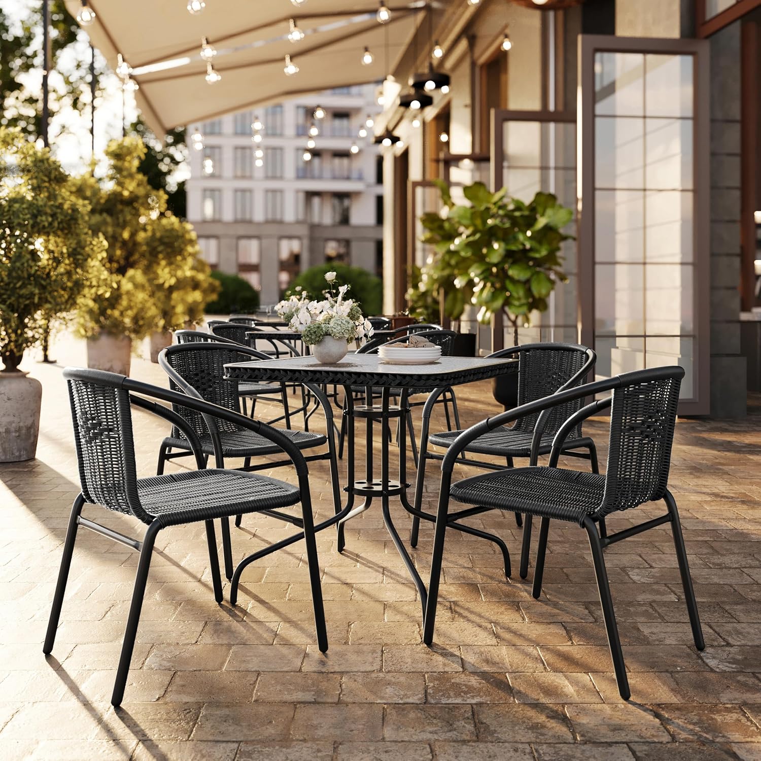 Flash Furniture Lila Modern Rattan Indoor/Outdoor Stackable Dining Chairs, Stacking Rattan Bistro Chairs for Patio or Restaurant, Set of 4, Brown | Commercial Grade, Indoor/Outdoor Use