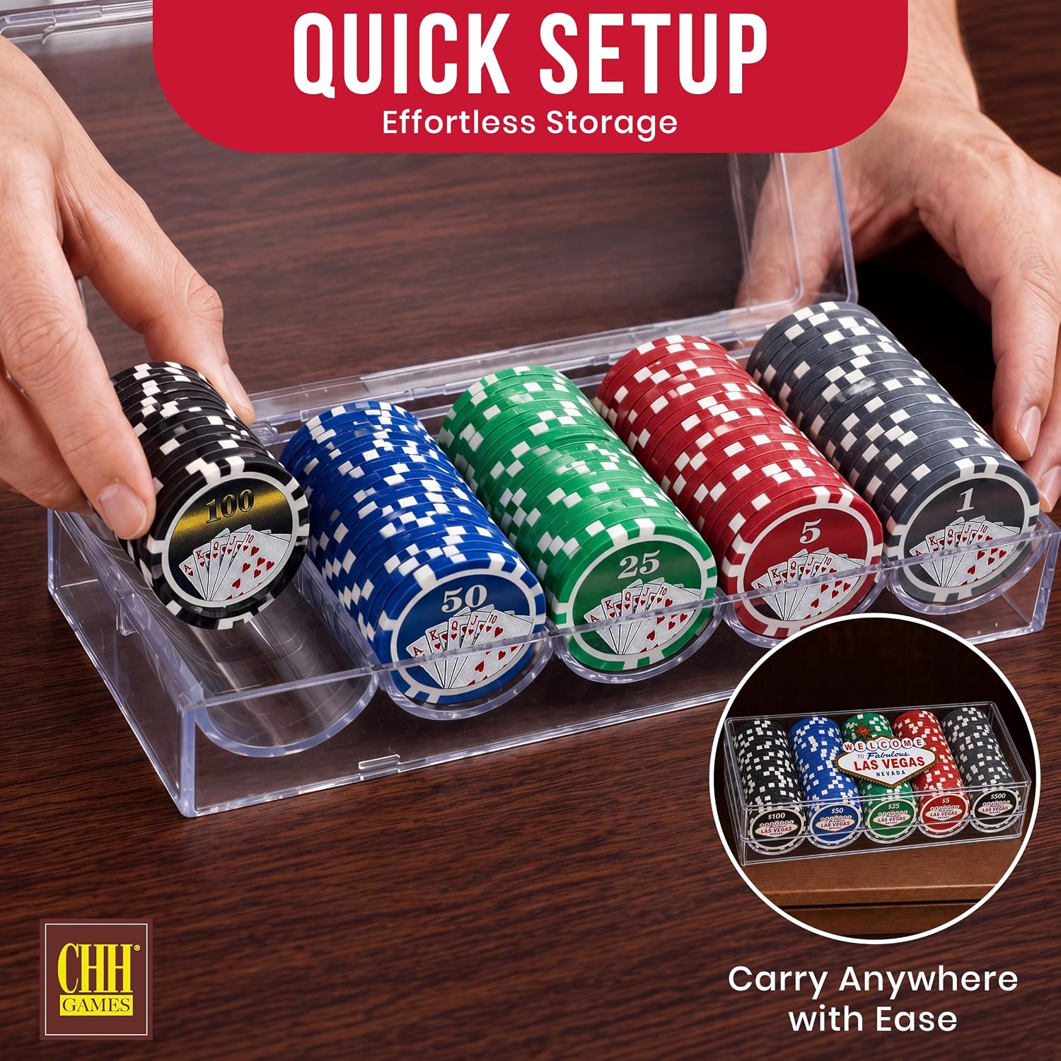100 Piece Las Vegas Design Poker Chips in Clear Plastic Tray