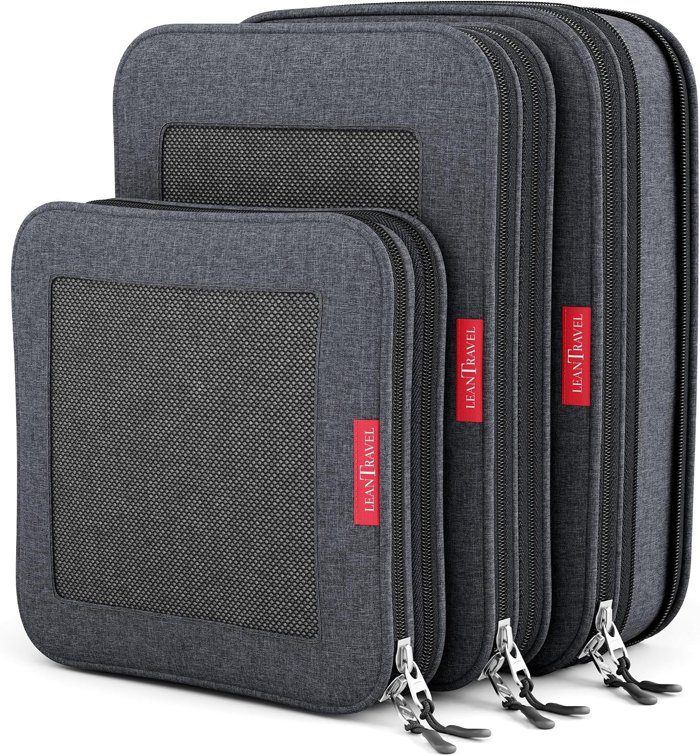 LeanTravel Premium Compression Packing Cubes for Travel - Suitcase Organizer Bags with Double Zipper & Breathable Mesh Panel - Space Saving Carry On Luggage Essentials (6-Pack, Grey)