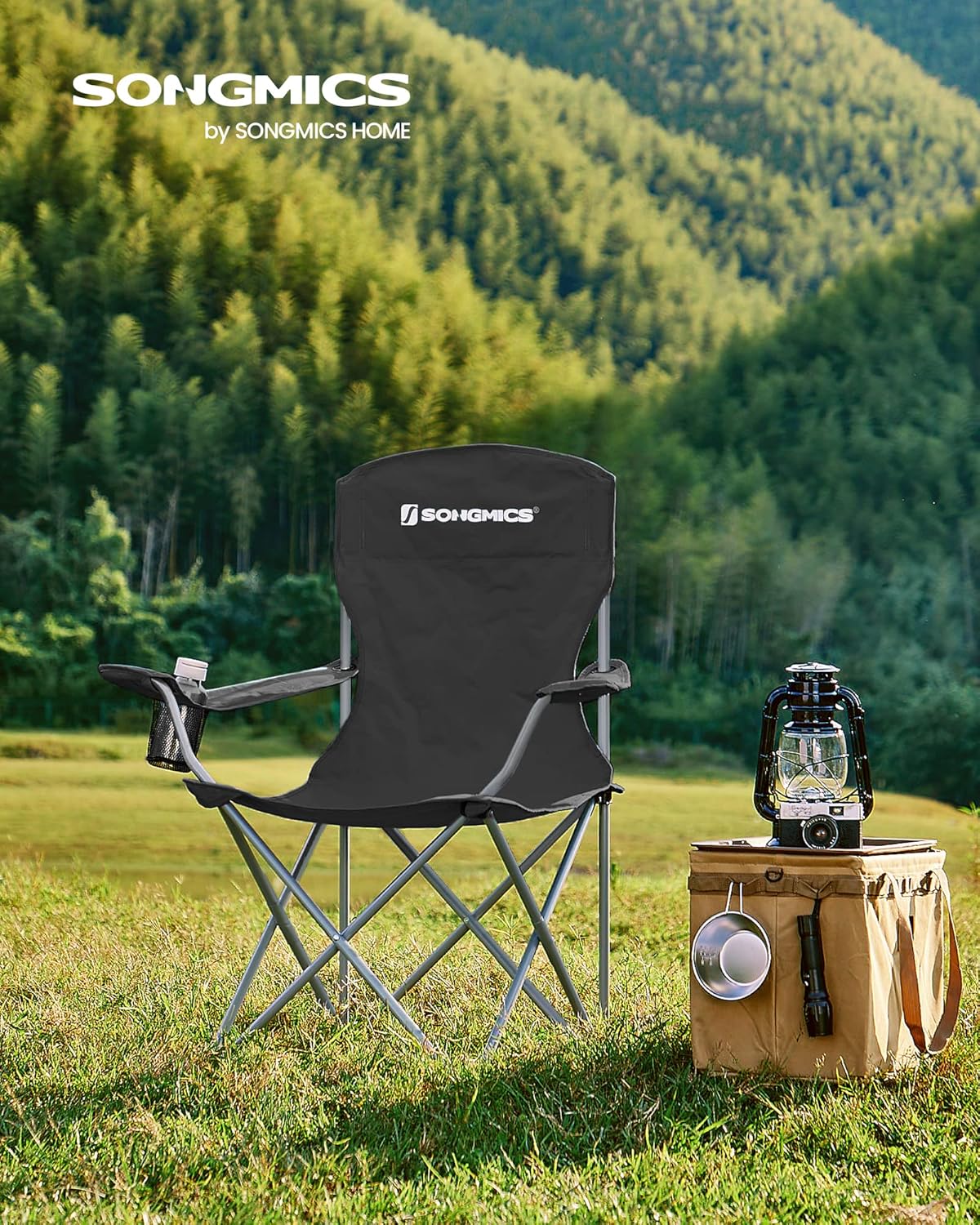 SONGMICS Folding Camping Chair, 450 lb Capacity | Folding lawn chair with cup holder and heavy-duty design, Ink Black, UGCB066B01