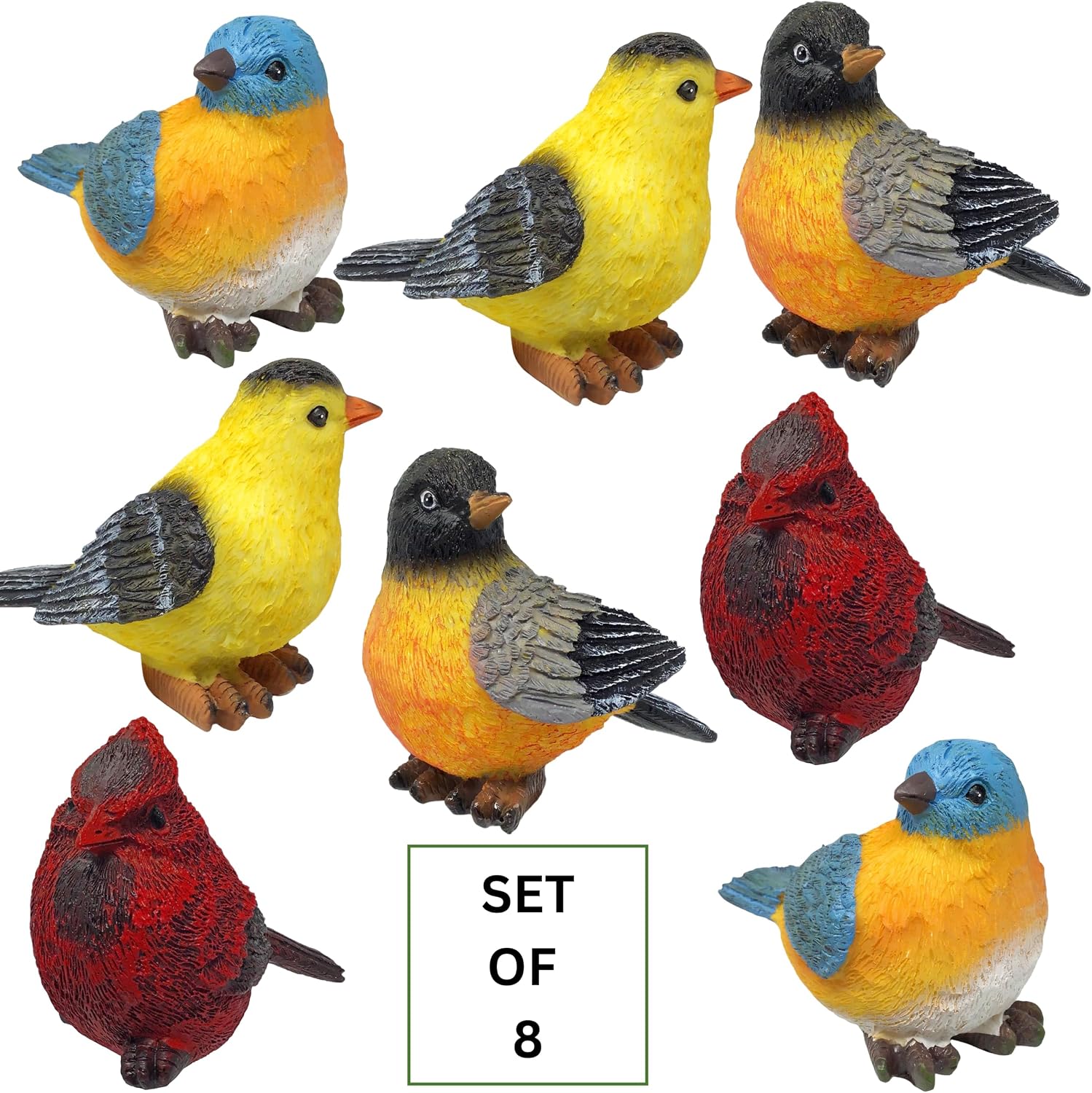 Songbird Garden Figurines Set of 4 – Cardinal, Bluebird, Goldfinch & Robin – Decorative Bird Statues for Home Décor, Spring Decorations, Crafting