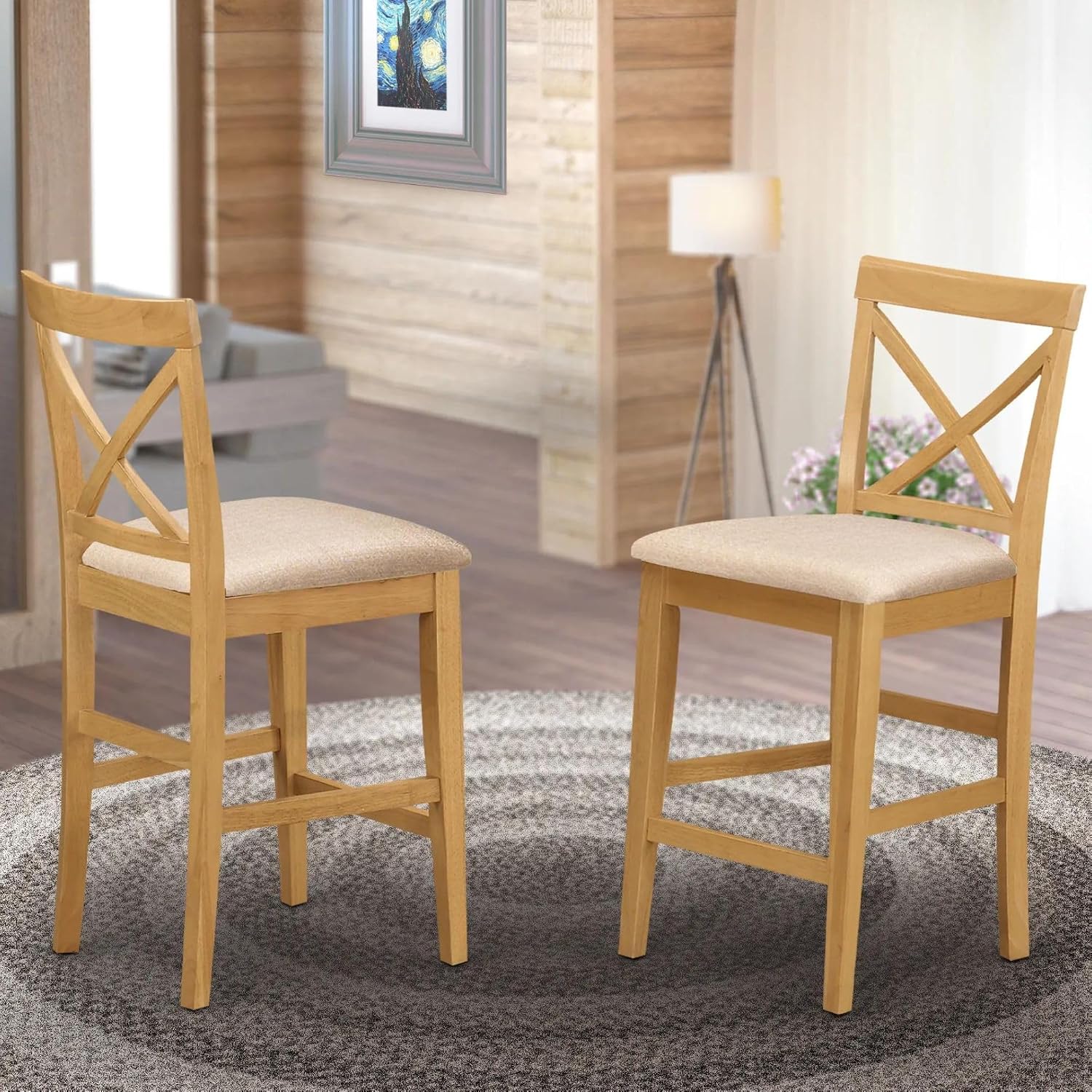 East West Furniture PBS-OAK-W Pub Counter-Height Bar Stool - Pub Height Kitchen Chairs, Set of 2, Oak