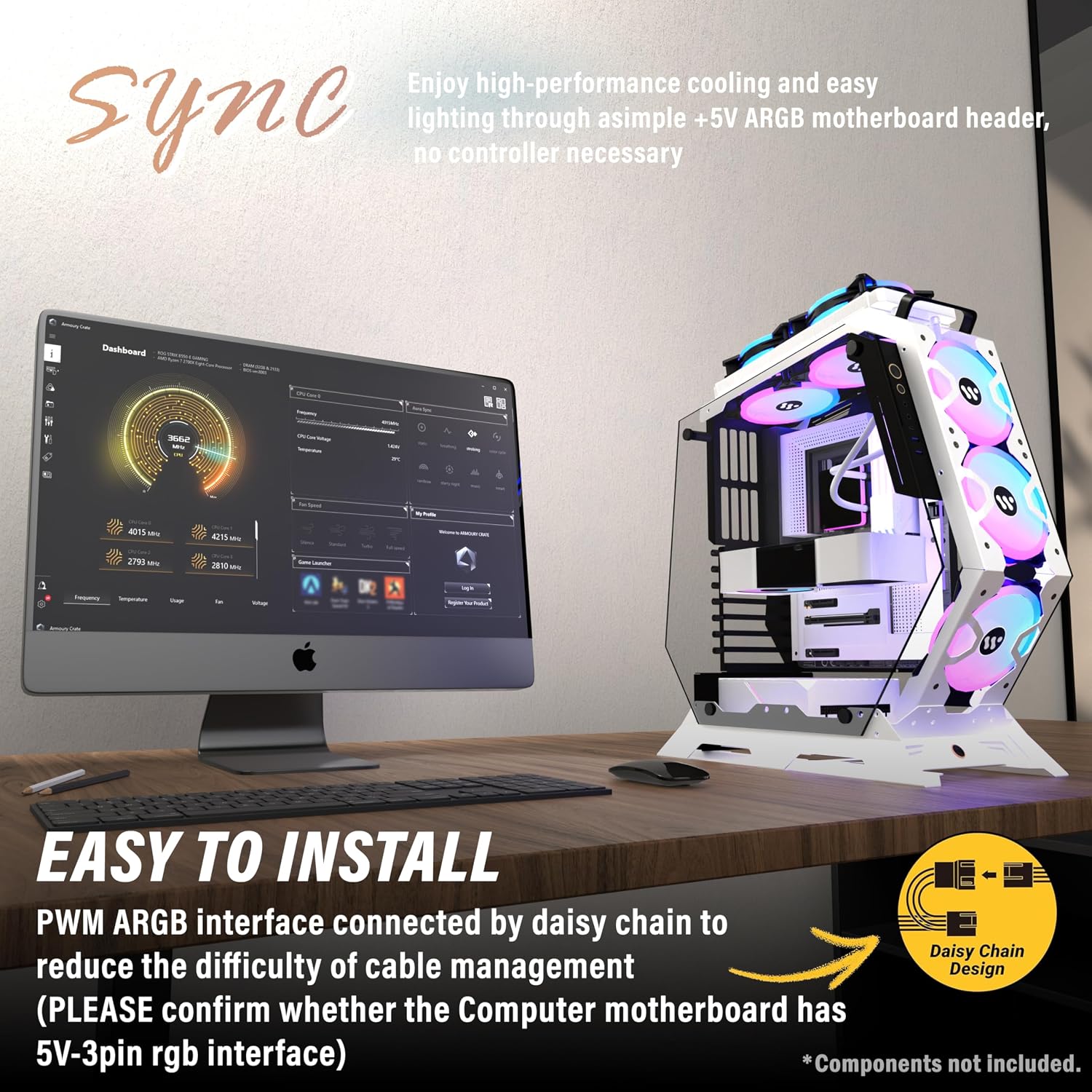KEDIERS PC Case C570 ATX Mid Tower Tempered Glass Gaming Computer Open Frame Case with 5 PWM ARGB Fans (White C570)