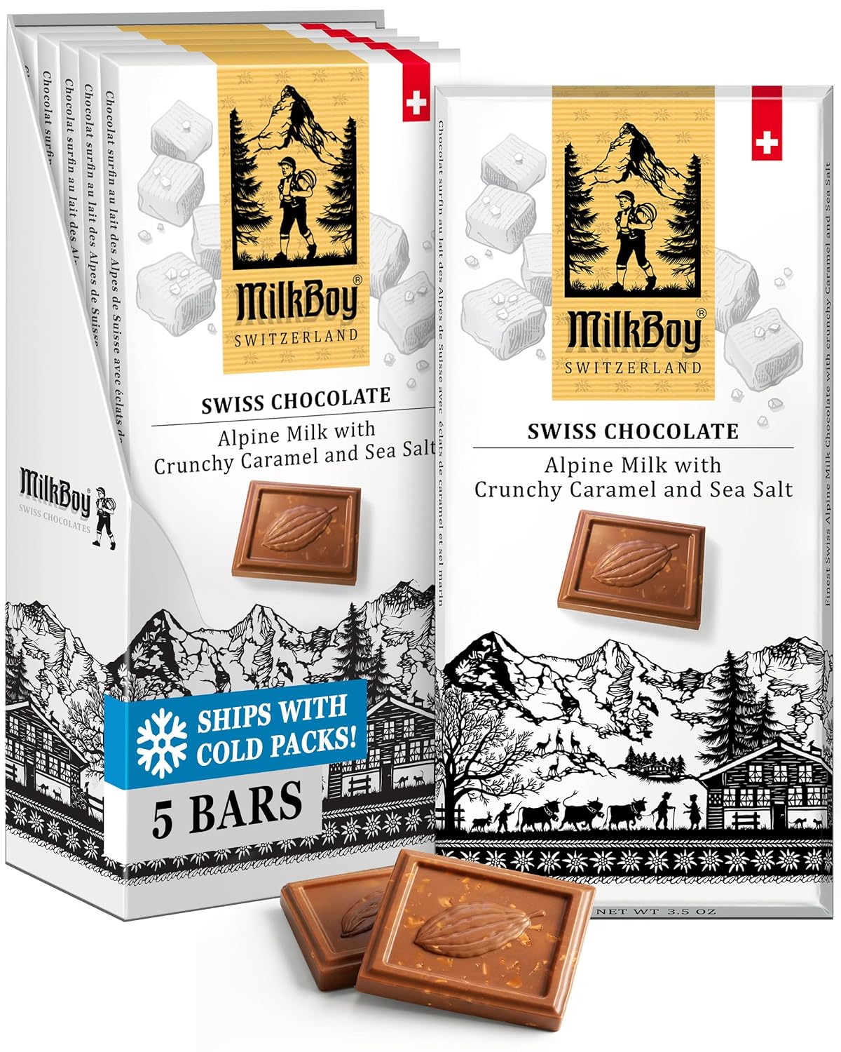 MilkBoy Swiss Chocolates Milk Chocolate Bars, Caramel Salt - 3 oz, 5 Pack | Premium gourmet treat with crunchy caramel and sea salt. Gluten free. Non-GMO. Kosher. Crafted in Switzerland.