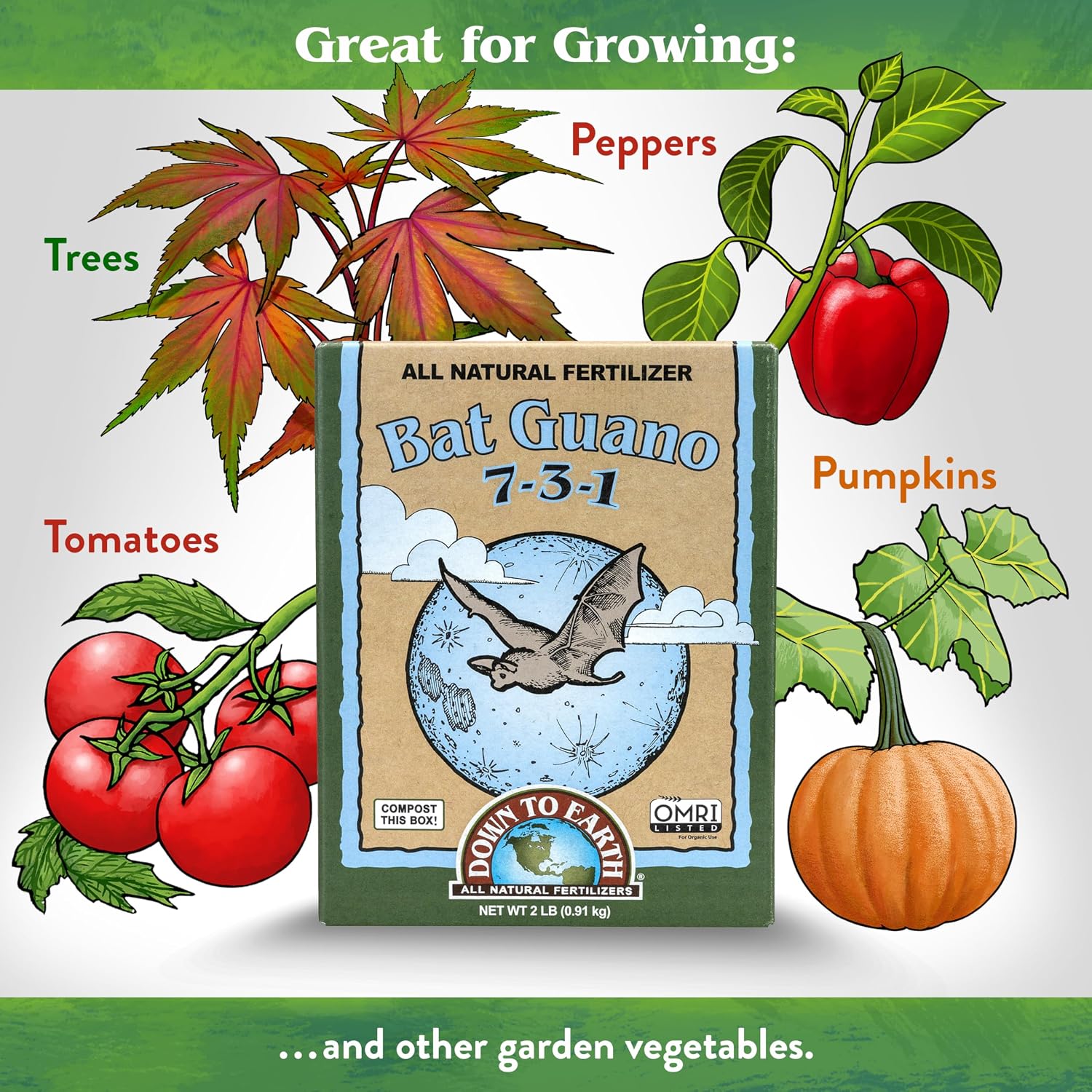 Down To Earth All Natural Fertilizers Organic Bat Guano - 7-3-1, 0.25 lb | High Nitrogen Plant Food for Rapid Vegetative Growth, Fast-Acting in Vegetable Gardens, Flower Gardens
