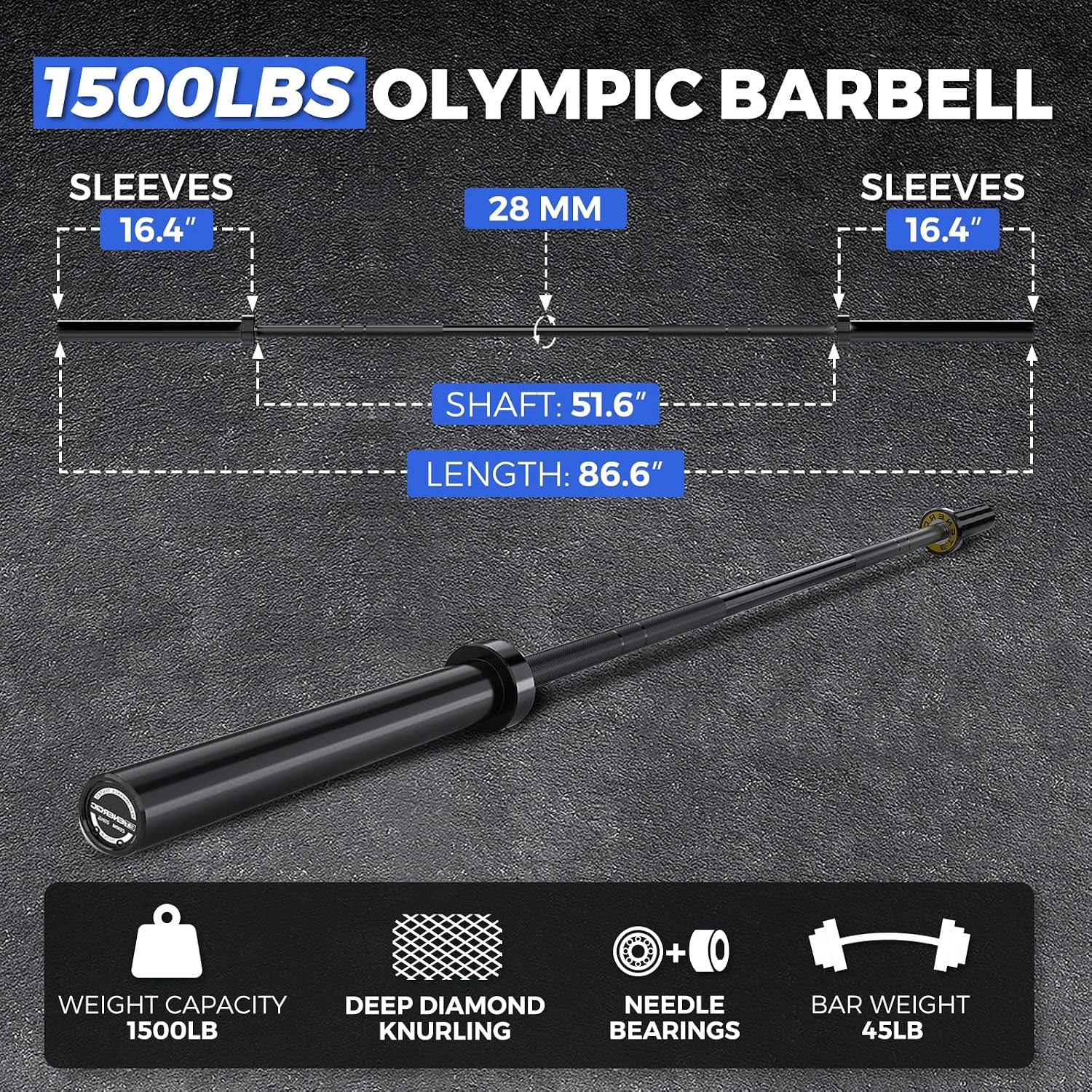 7FT Alloy Steel Olympic Barbell, 1500LB 45LB