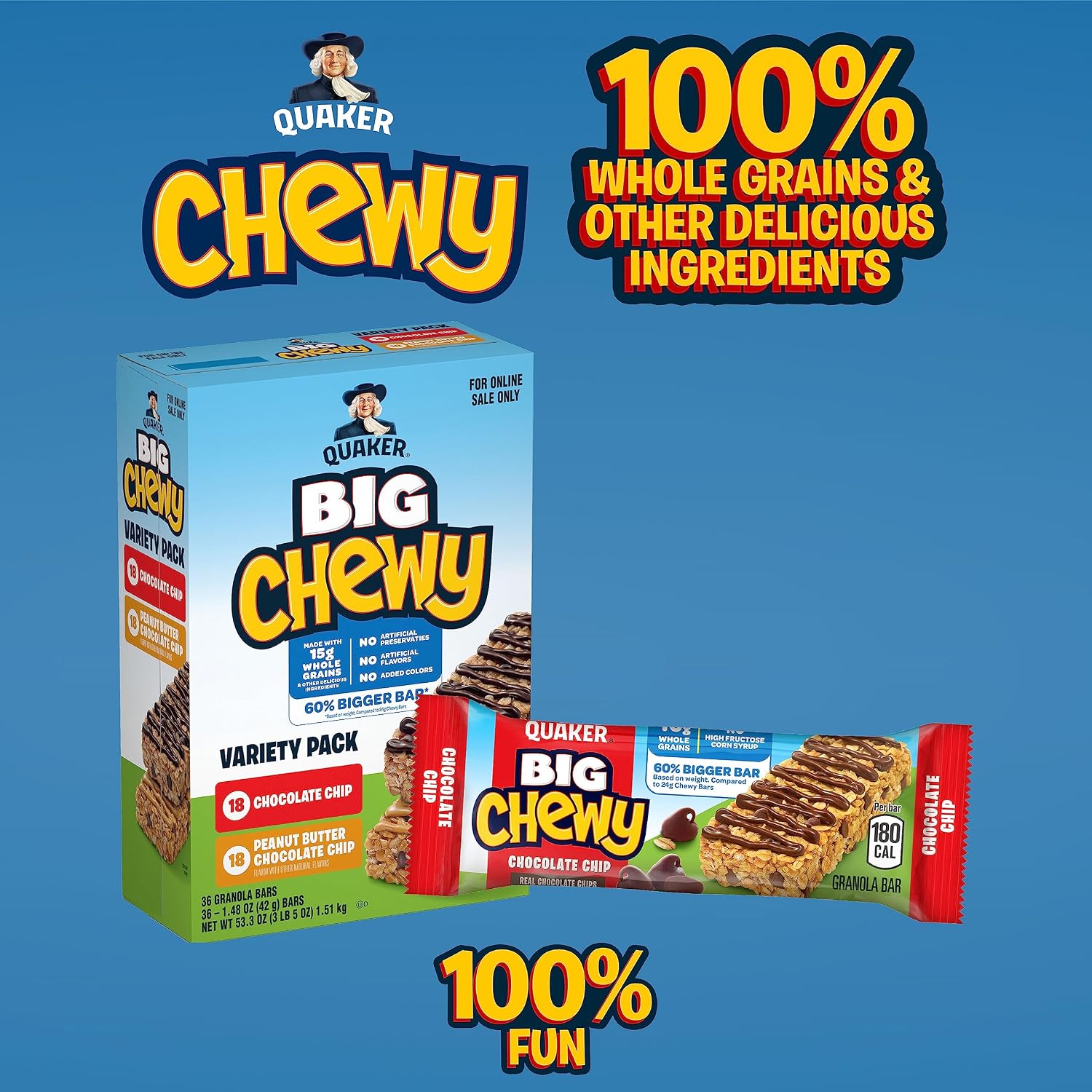 Quaker Chewy Granola Bars, Chocolate Chip, 58 Count - Packaging May Vary
