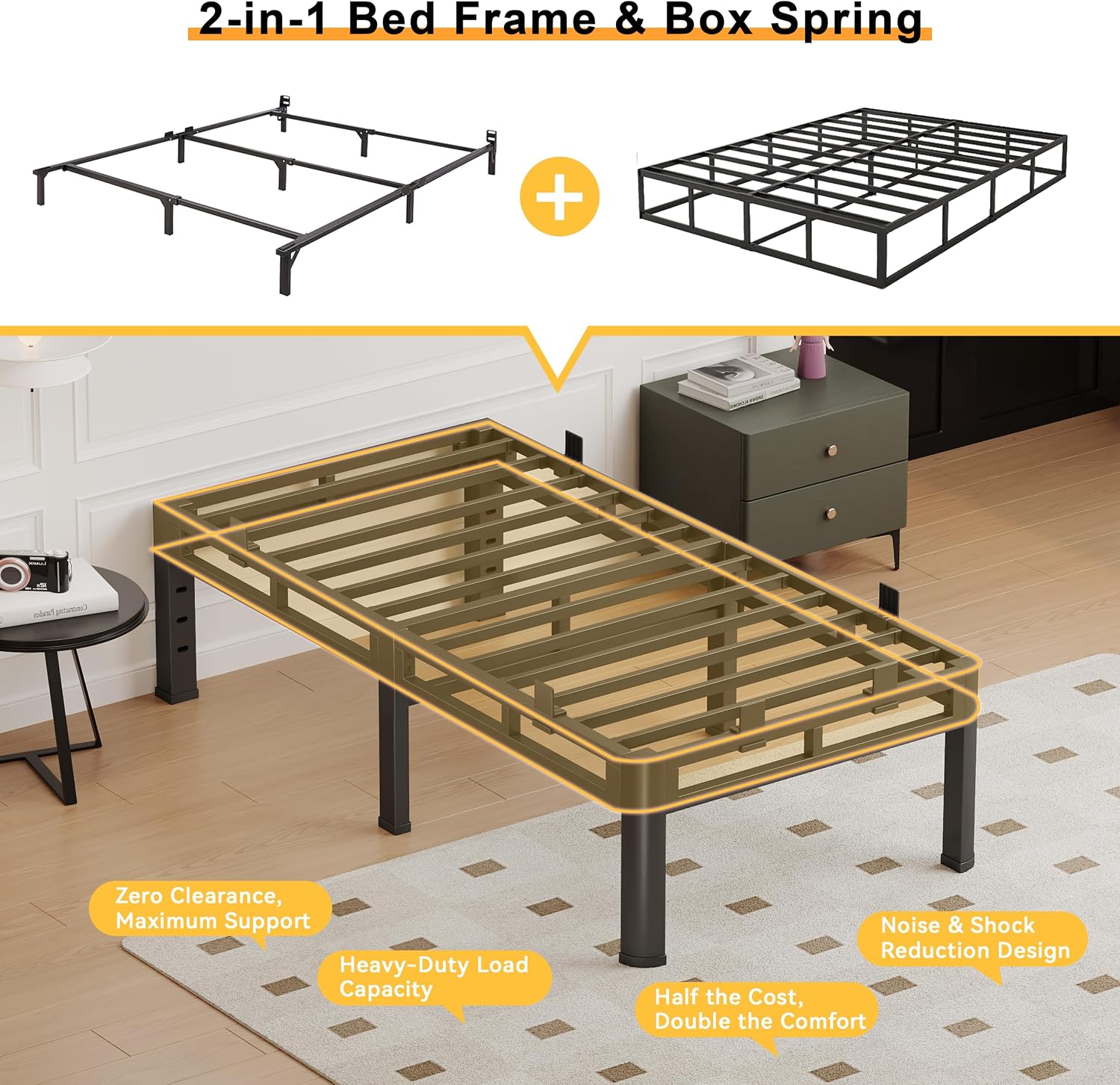 Full Size Bed Frame Metal,14 Inch Heavy Duty Double Layer Platform Black | Easy Assembly,Noise Free,4000lbs Capacity,6 Mattress Stoppers,Round Corner Legs,Headboard Holes,Anti-Slip Rubber Foot Pads