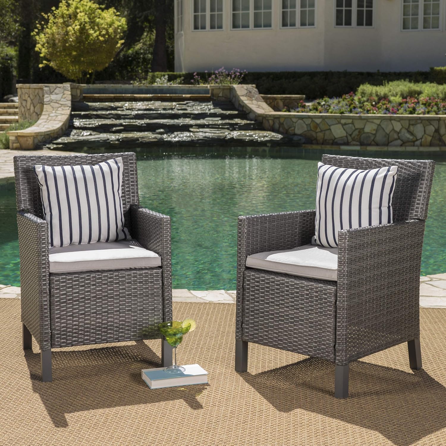 Christopher Knight Home Cypress Outdoor Wicker Dining Chairs with Water Resistant Cushions, 2-Pcs Set, Grey / Light Grey / Dark Grey