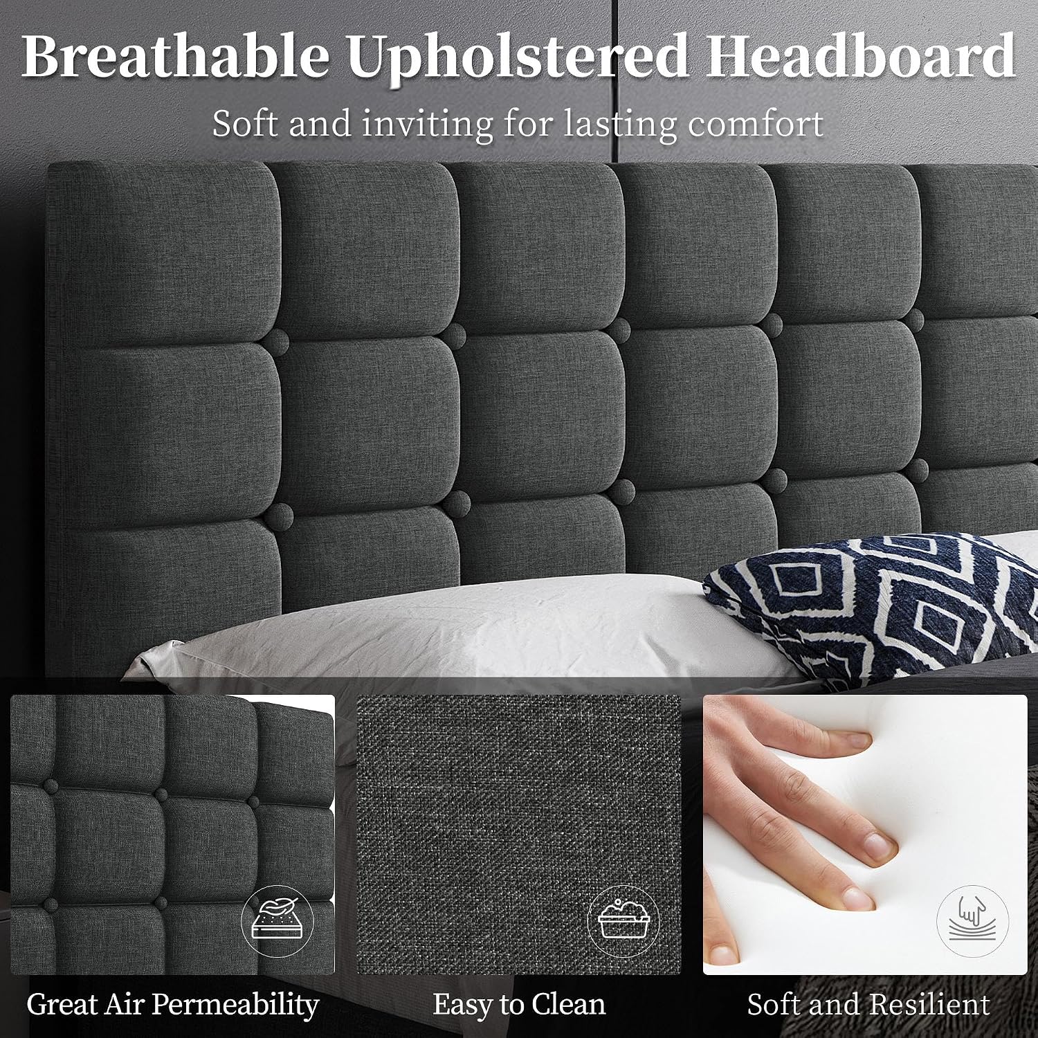 Yaheetech Full Size Upholstered Tufted Bed Frame with Headboard, Dark Gray | Sturdy engineered wood frame with linen fabric upholstery features a soft tufted headboard for easy assembly and support