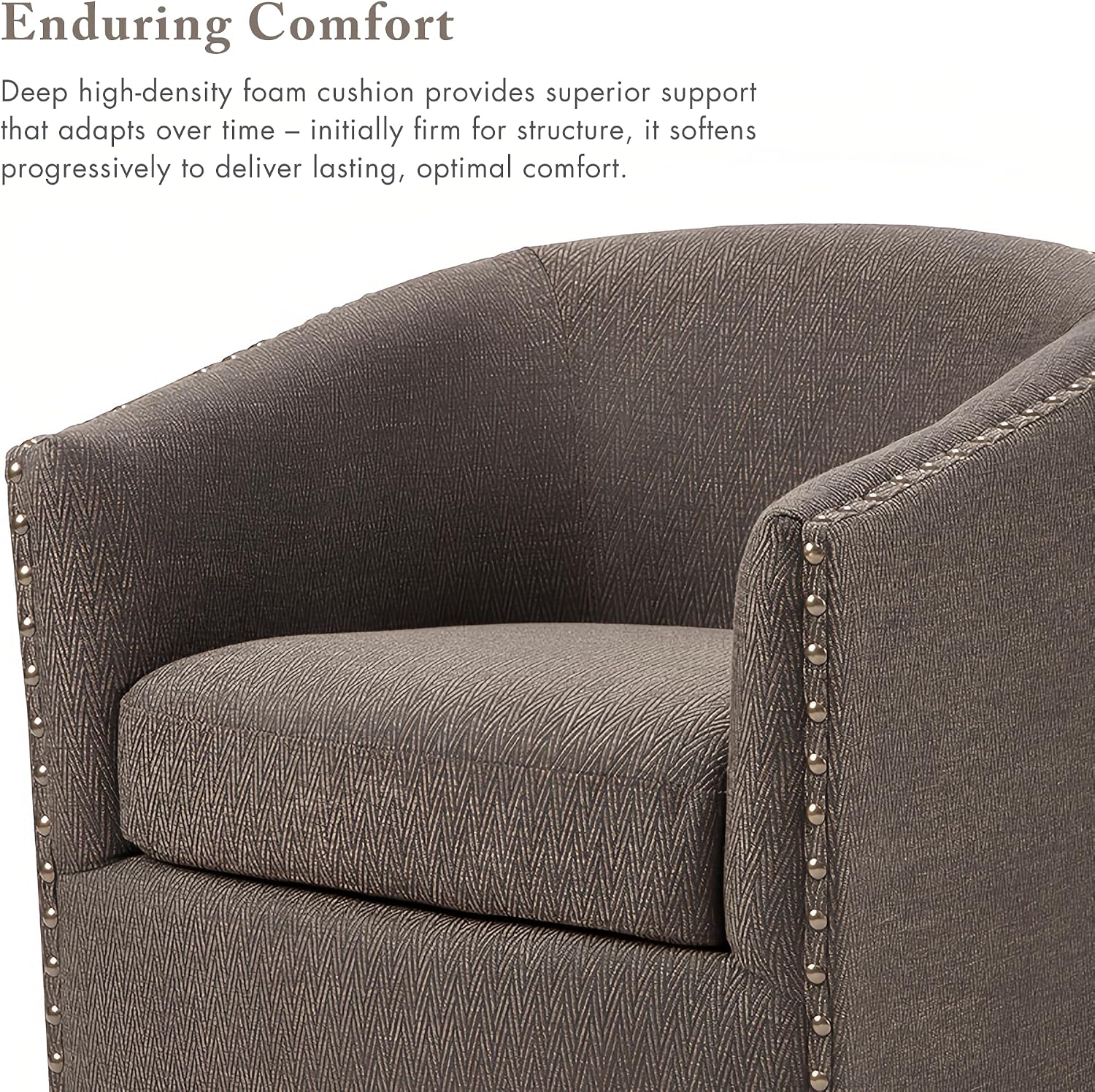 Madison Park Swivel Barrel Accent Chair, Upholstered Curved Back with 7-Inch Thick Woven Cushion, 360° Swivel, Nailhead Trim, Comfy Chair for Living Room, Bedroom, Office, 28" Wide, Neutral, Tyler