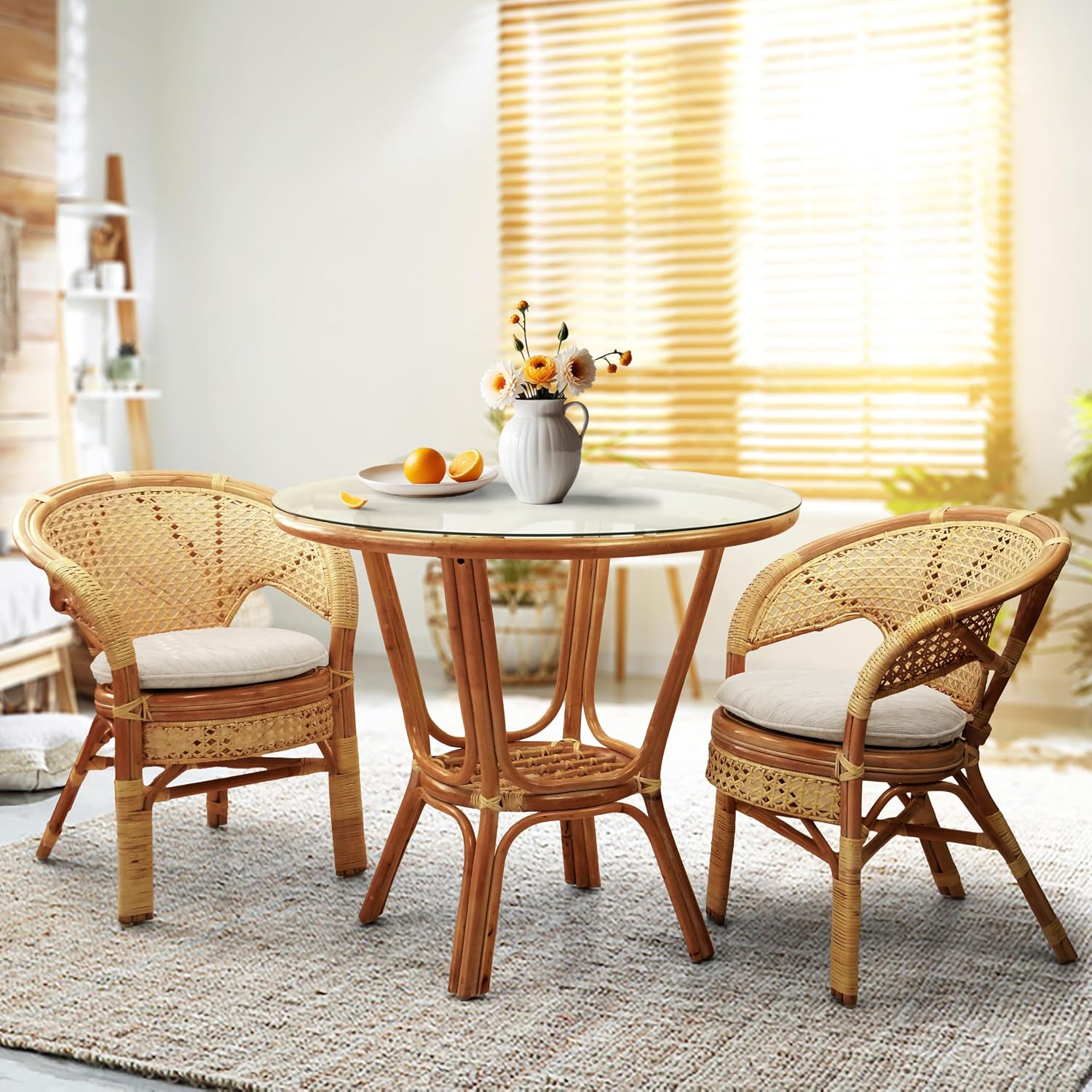 Pelangi Handmade Rattan Dining Wicker Chair Colonial Color w/Cream Cushion