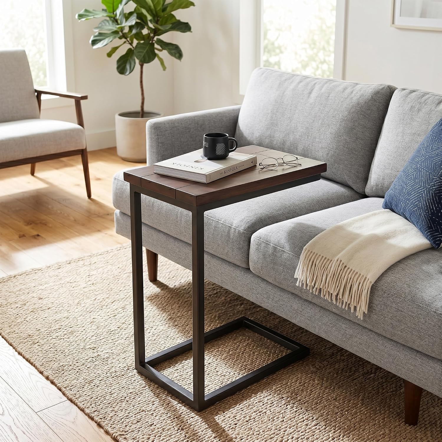 SIMPLIHOME Skyler 18" Wide Solid Wood C-Side End Table in Dark Cognac Brown | Industrial slide-under accent table with open frame, assembled; perfect for living rooms as a side table or sofa table.