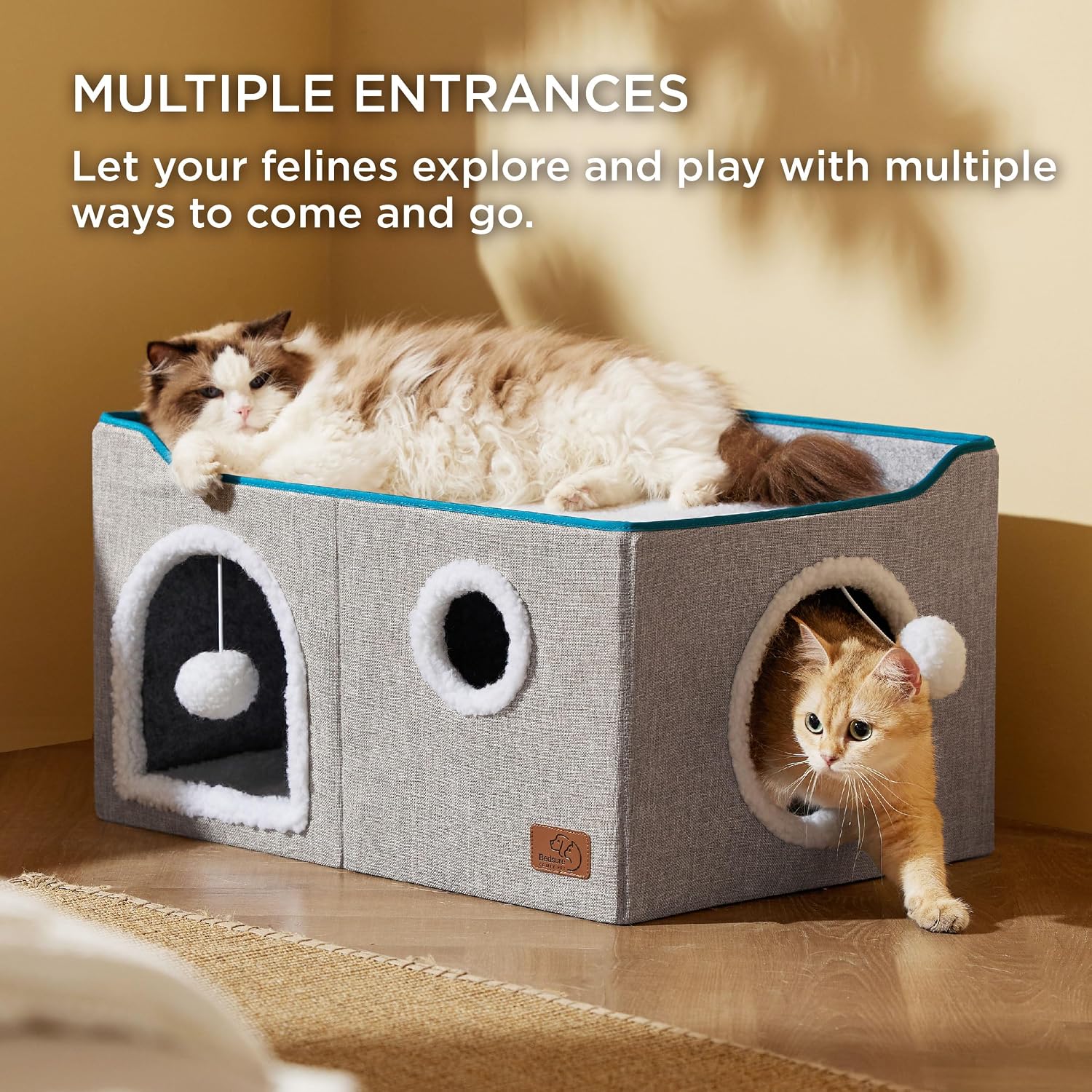 Bedsure Cat House Bed for Indoor Cats with Fluffy Ball and Scratch Pad,Grey