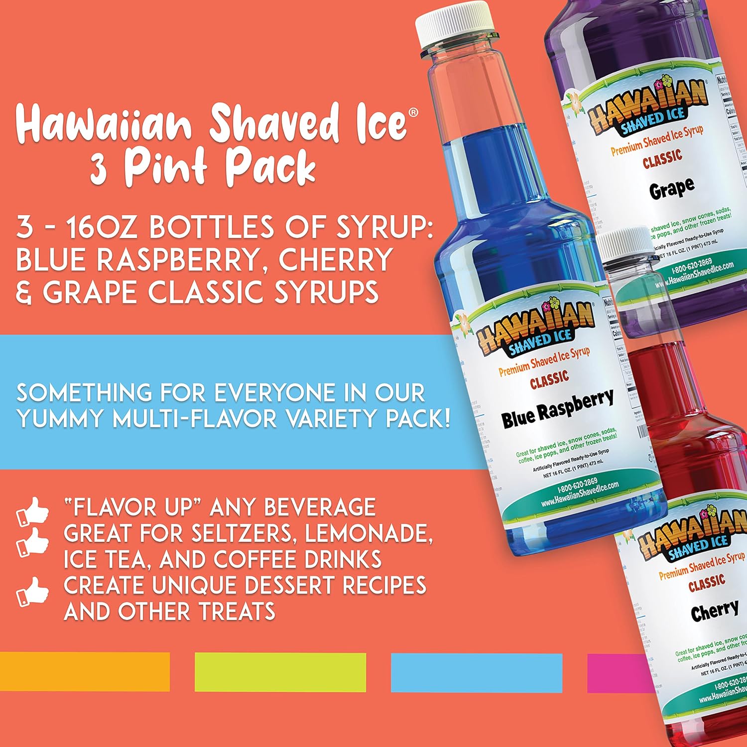 Hawaiian Shaved Ice Syrup Assortment, 3 - 16oz Bottles Of The Most Popular Flavors: Cherry, Grape, Blue Raspberry. Perfect For Shaved ice, Snow Cones