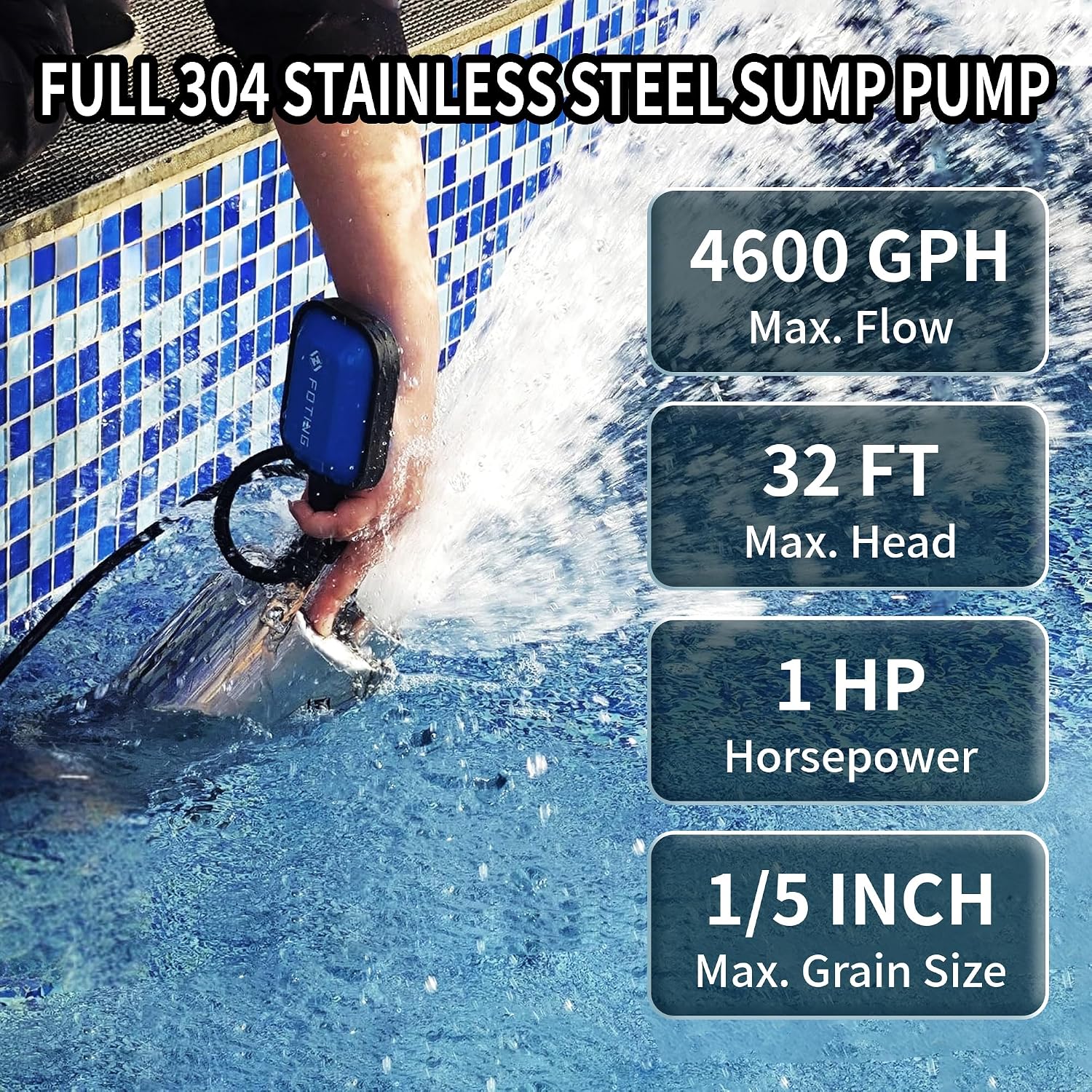 FOTING Full 304 Stainless Steel Sump Pump with Float Switch - 1HP 4600GPH Automatic Submersible Water Pump Fast Water Removal in Pools, Basements