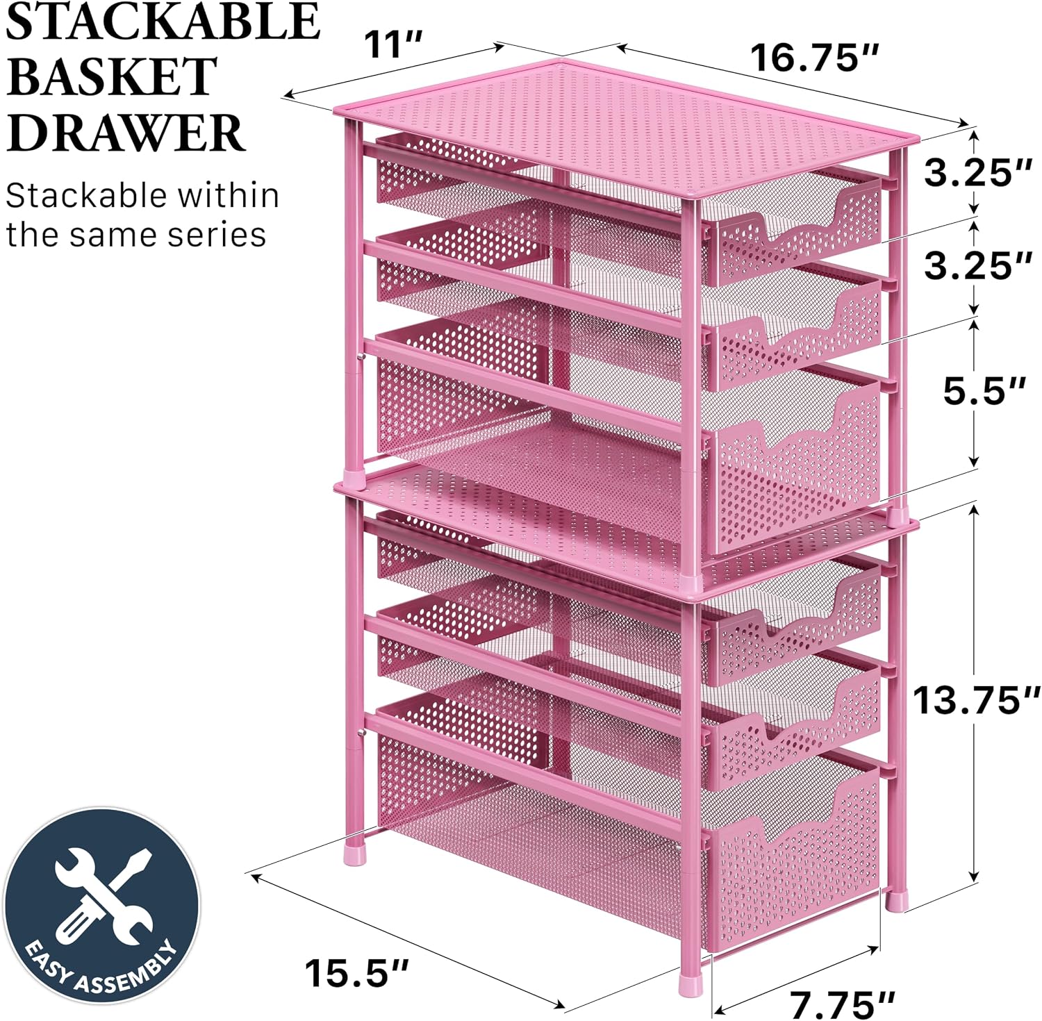 Simple Houseware Stackable 3 Tier Sliding Basket Organizer Drawer, Silver