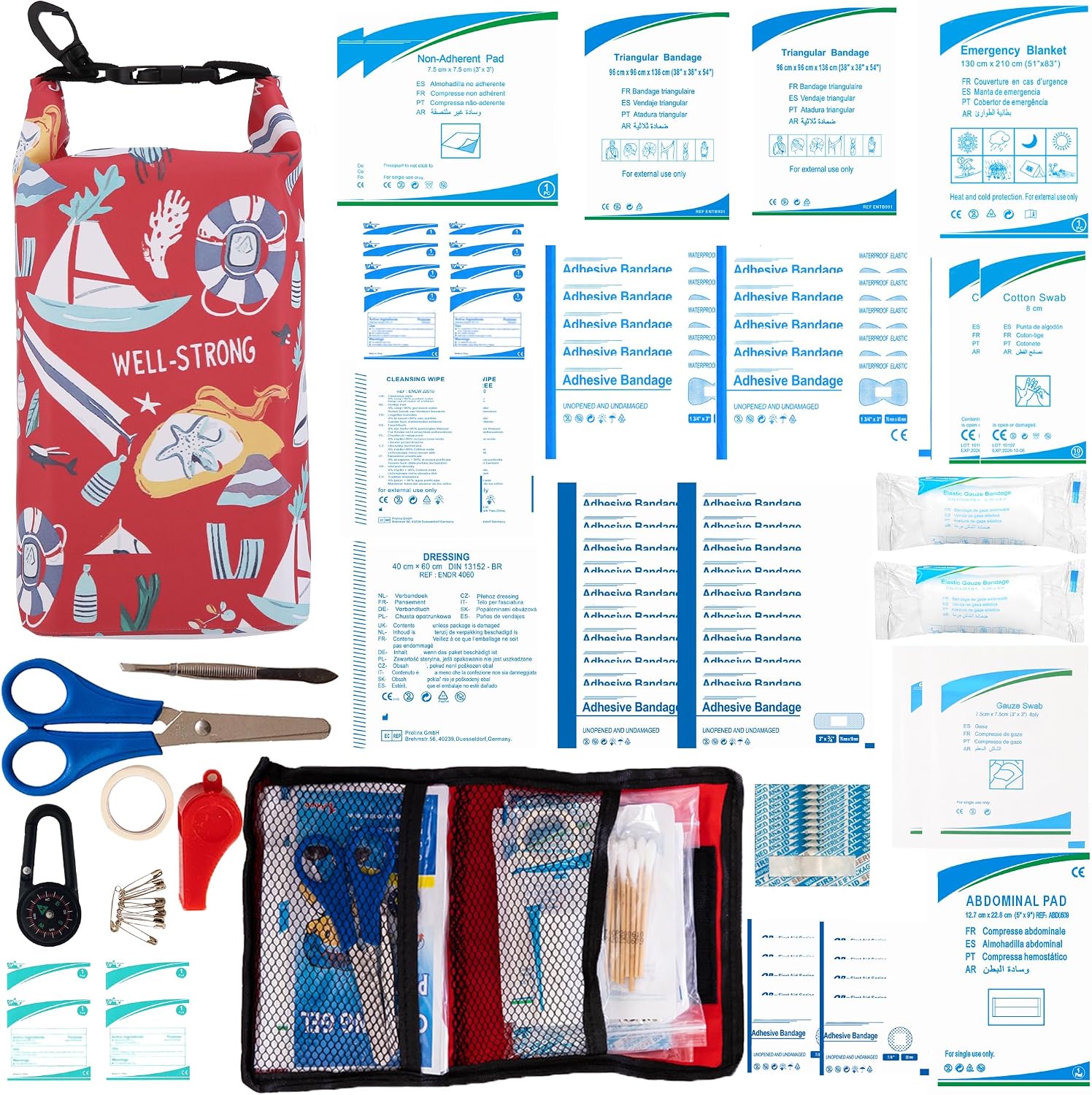 Waterproof First Aid Kit Roll Top Boat Emergency Kit with Waterproof Contents for Fishing Kayaking Boating Swimming Camping Rafting Beach Red