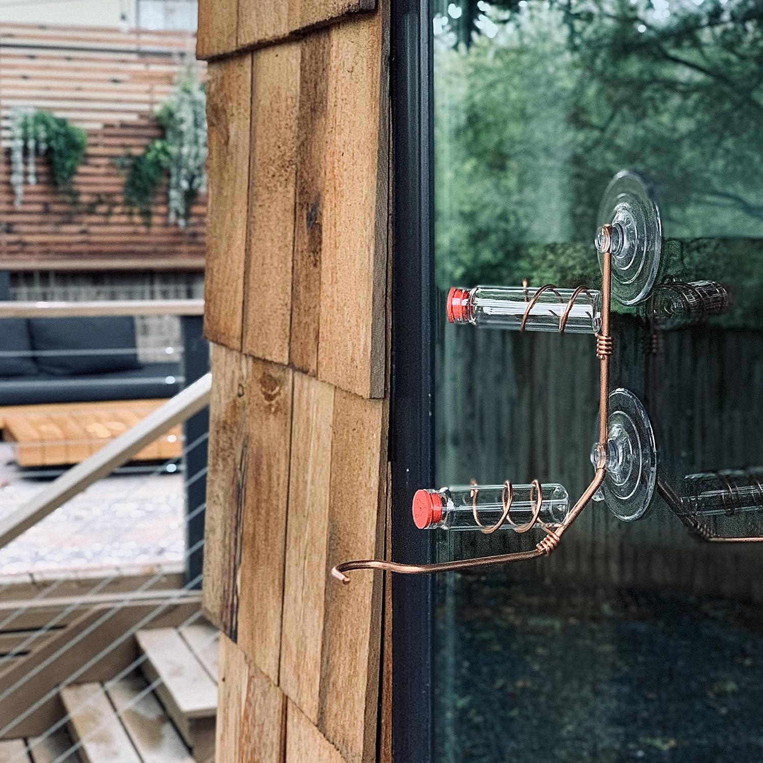 Window Hummingbird Feeder | Handcrafted Copper and Aluminum | Multiple Stations | Modern Hummingbird Feeder | Glass Bottles | Suction Cups (Copper, Four Station)