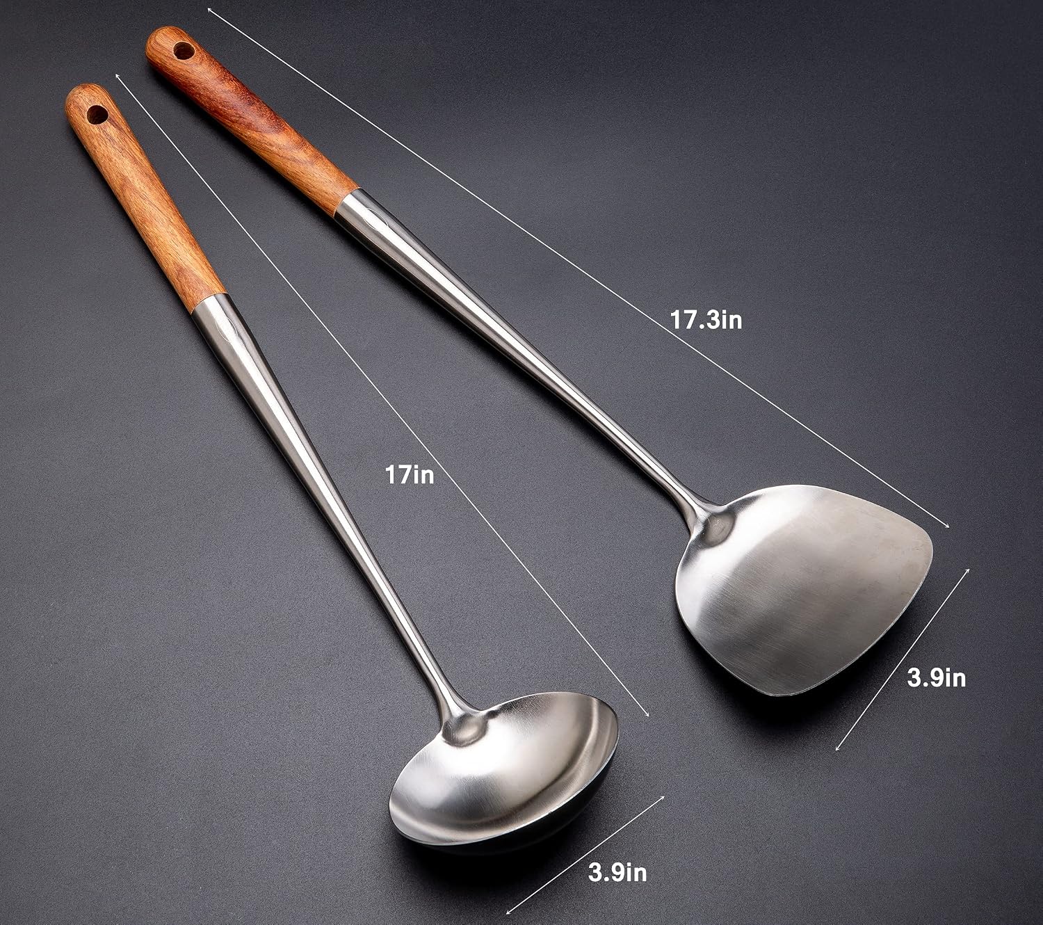 FJNATINH Wok Spatula and Ladle,Skimmer Ladle Tool Set, 17inches Spatula for Wok, 304 Stainless Steel Cooking Utensils