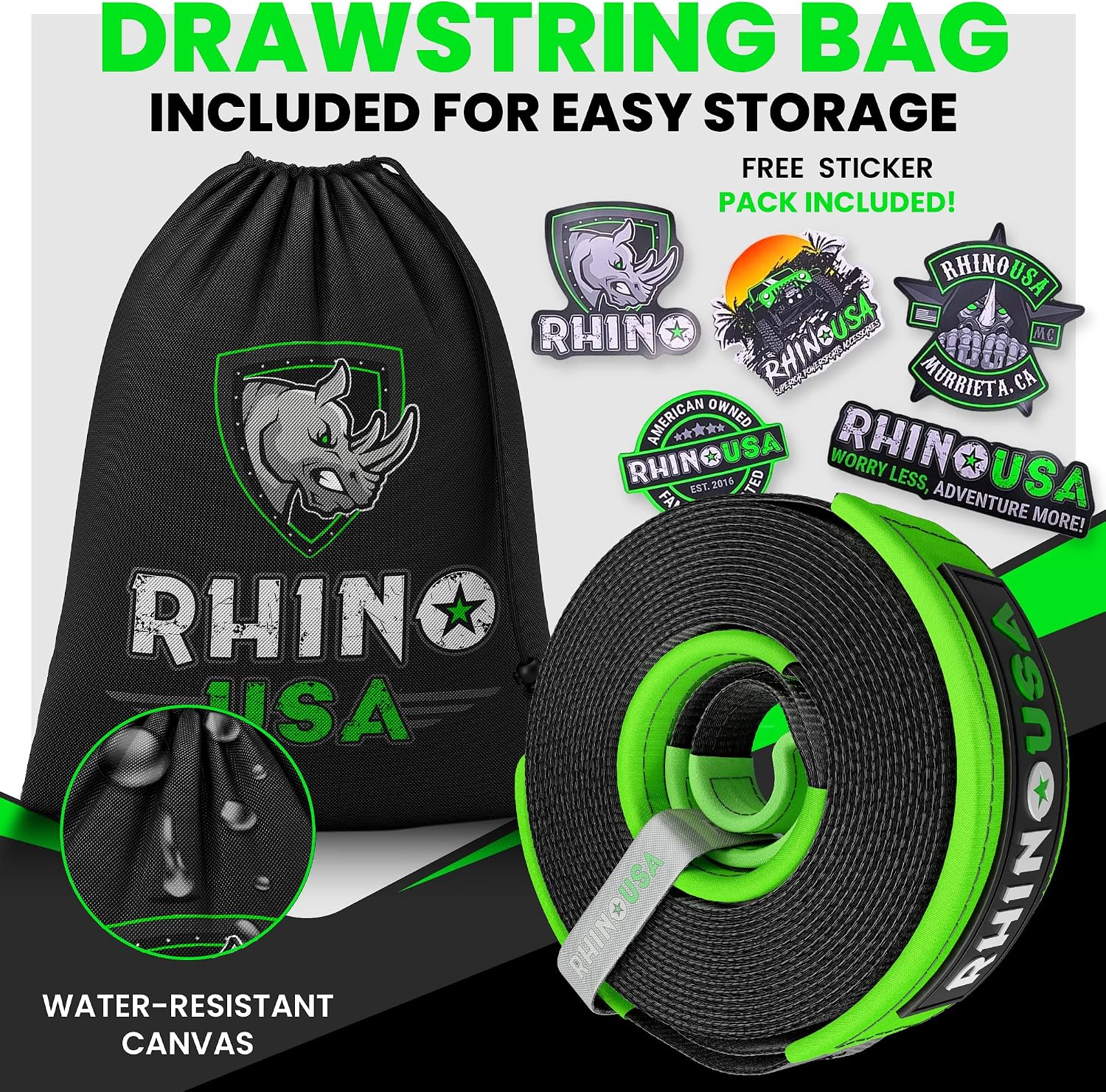 Rhino USA Recovery Tow Strap (3in x 30ft) - 31,518lb Heavy Duty Towing | 31,518lb Break Strength Emergency Tow Strap, Extended 30ft Length. For Truck, UTV, ATV & Jeep Offroad Recovery. Black