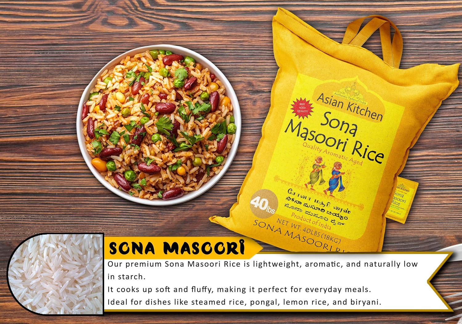 Asian Kitchen White Sona Masoori Aged Rice 20-Pound Bag, 20lbs (9.08kg) Short Grain Rice ~ All Natural | Gluten Friendly | Vegan | Kosher | Indian Origin | Export Quality