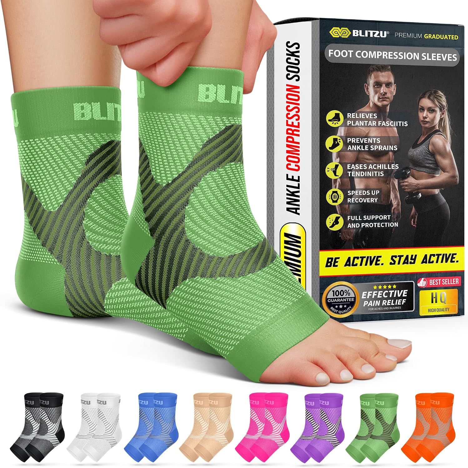 BLITZU Compression Socks for Plantar Fasciitis, Foot, Arch & Ankle Support | Open Toe Ankle Brace, Women & Men, Stabilizing Sleeve Wrap, Achilles Tendonitis, Neuropathy, Arthritis, Swelling & Heel Pain