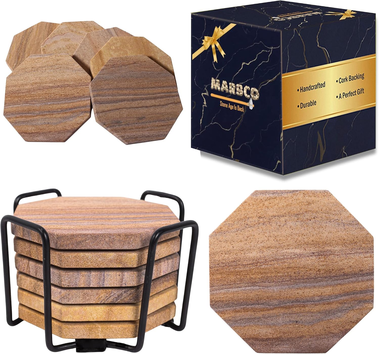 Sandstone Water Absorbent Hand Crafted Octagon Coasters with Holder for Drinks 4 Inches Wide Thirsty Stone Bar/Drink Coasters Made from Real Solid