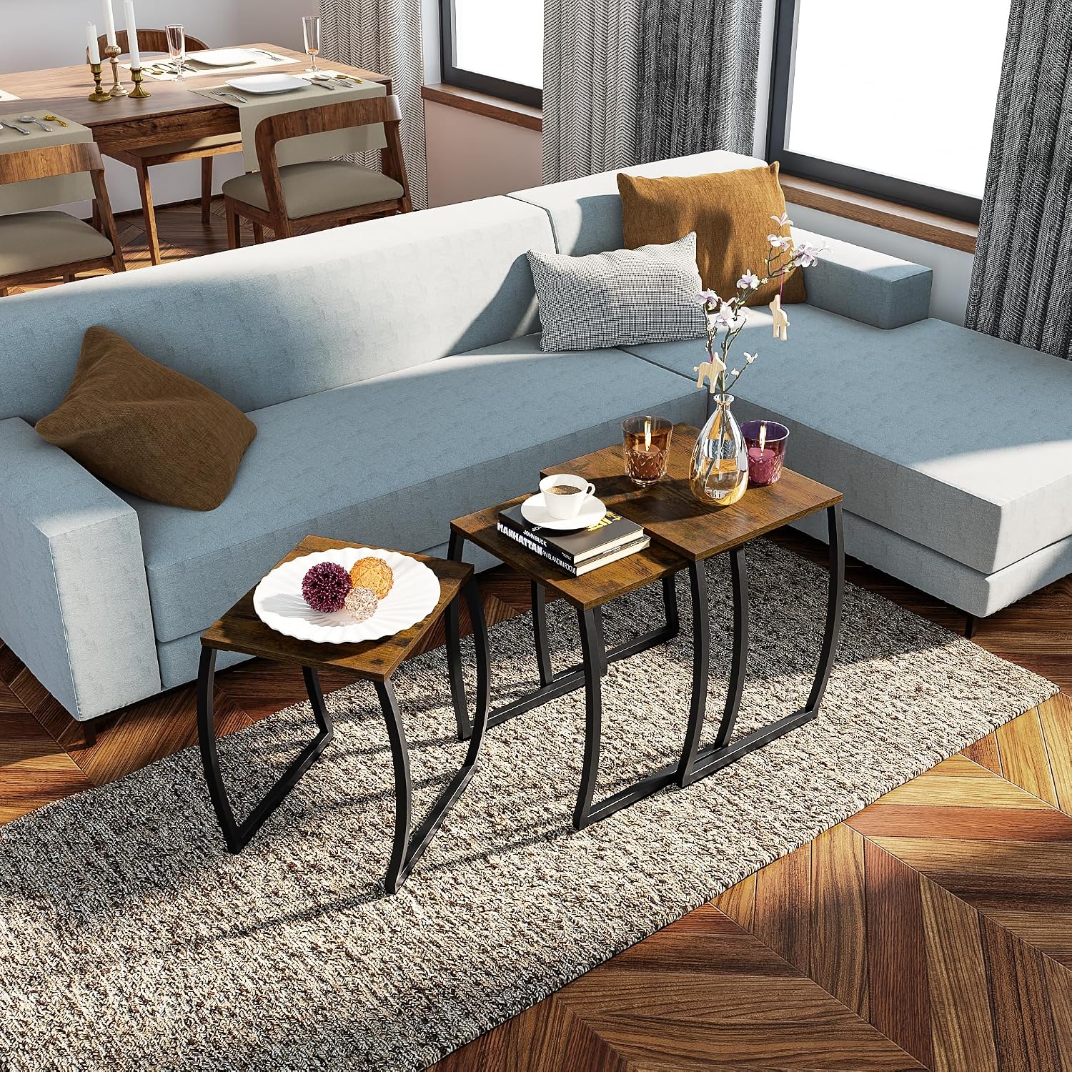 SRIWATANA Nesting Tables, Vintage Side End Tables Living Room, Coffee Snack Table Set of 3 | Compact 3-Piece Stacking Tables