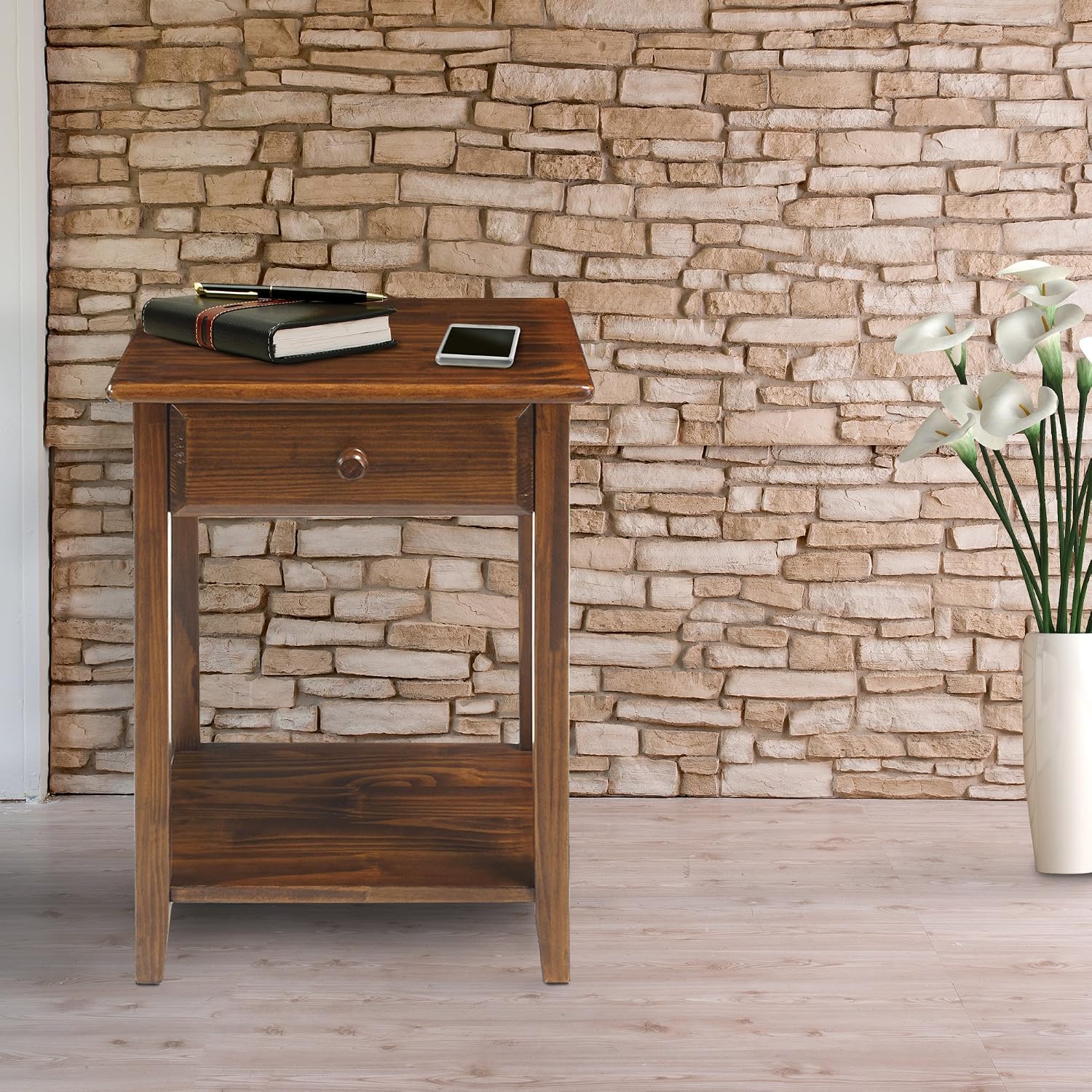Casual Home Owl Night Stand with USB Port Charging Station and Drawer, 17.5"W x 14.25"D x 24.5"H, Espresso