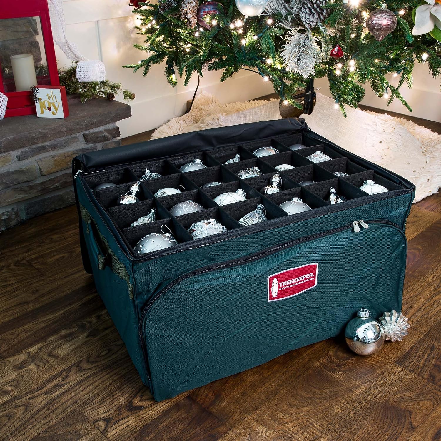 (Green Christmas Ornament Storage Box with Dividers) - Deluxe Ornament Keeper - Holds 72 Ornaments up to 4 Inches in Diameter | 3 Removable Trays with Separators | Acid-Free Fabric Lining