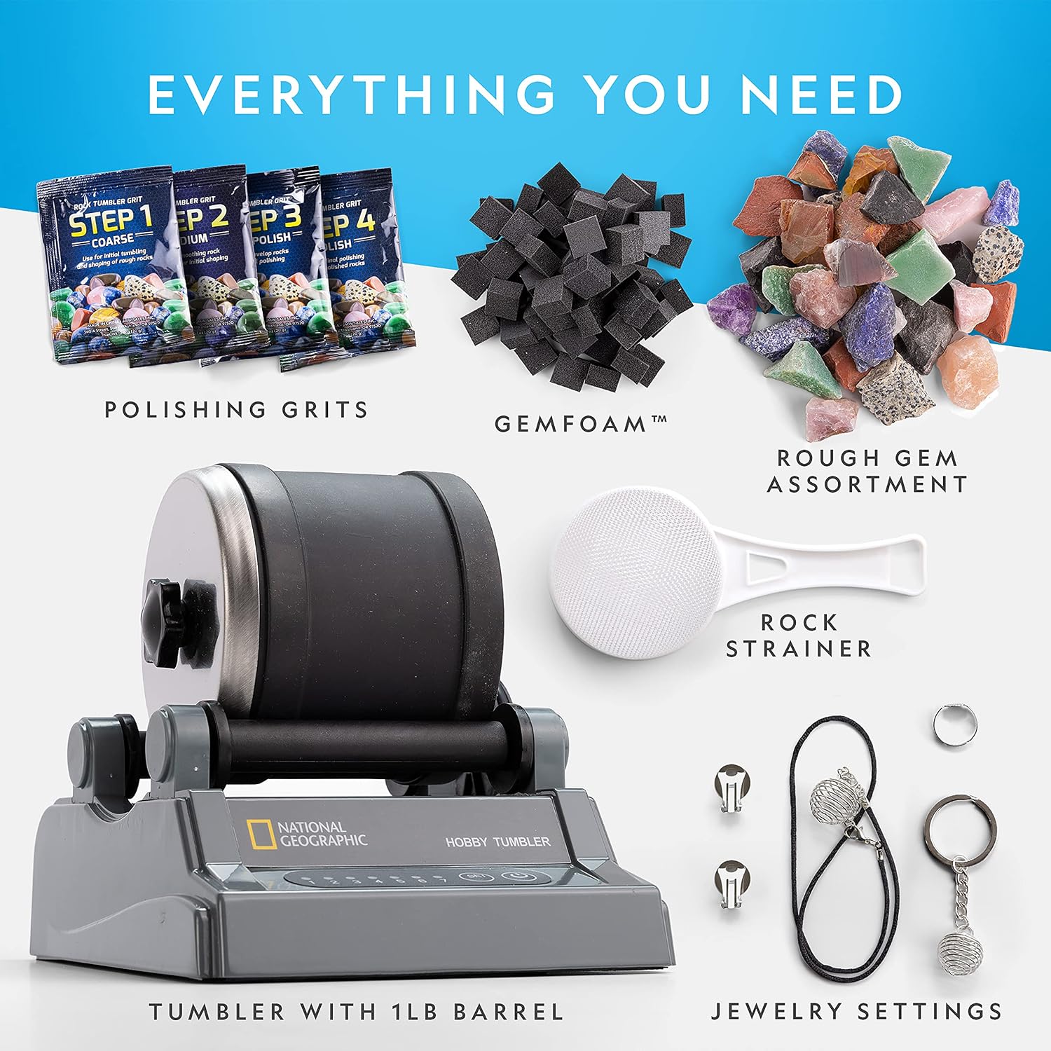 National Geographic Hobby Rock Tumbler Kit for Kids and Adults Ages 8+ | Rough Gemstones, 4 Polishing Grits, Rock Polisher, Geology Science Kit, Rock Tumbling for Kids and Adults, Birthday Gift