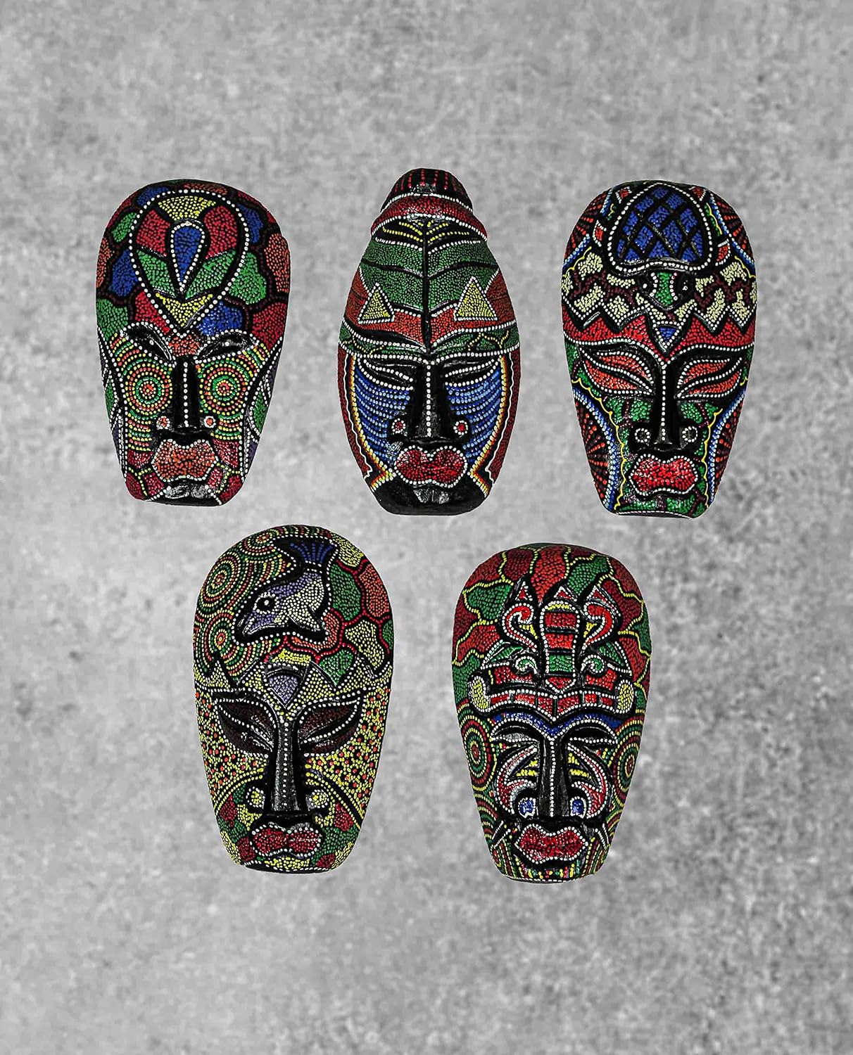 Set of 10 Colorful Hand Carved Tropical Island Dot Painted Tribal Masks 6 1/2 Inches High Wall Hangings | Dot-Painted Indonesian Designs
