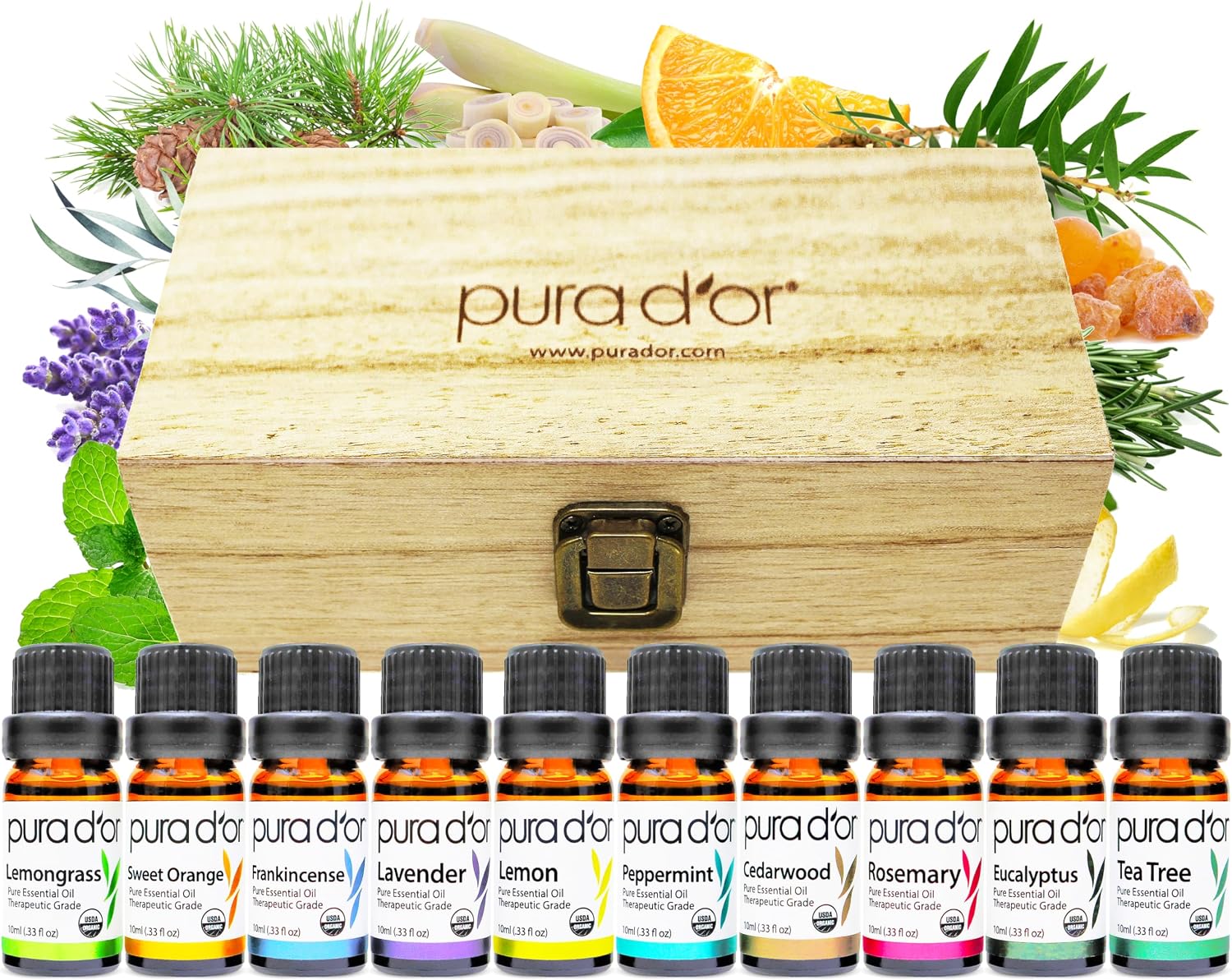 PURA D'OR Organic Perfect10 Essential Oils Aromatherapy Box Set, 10mL x10