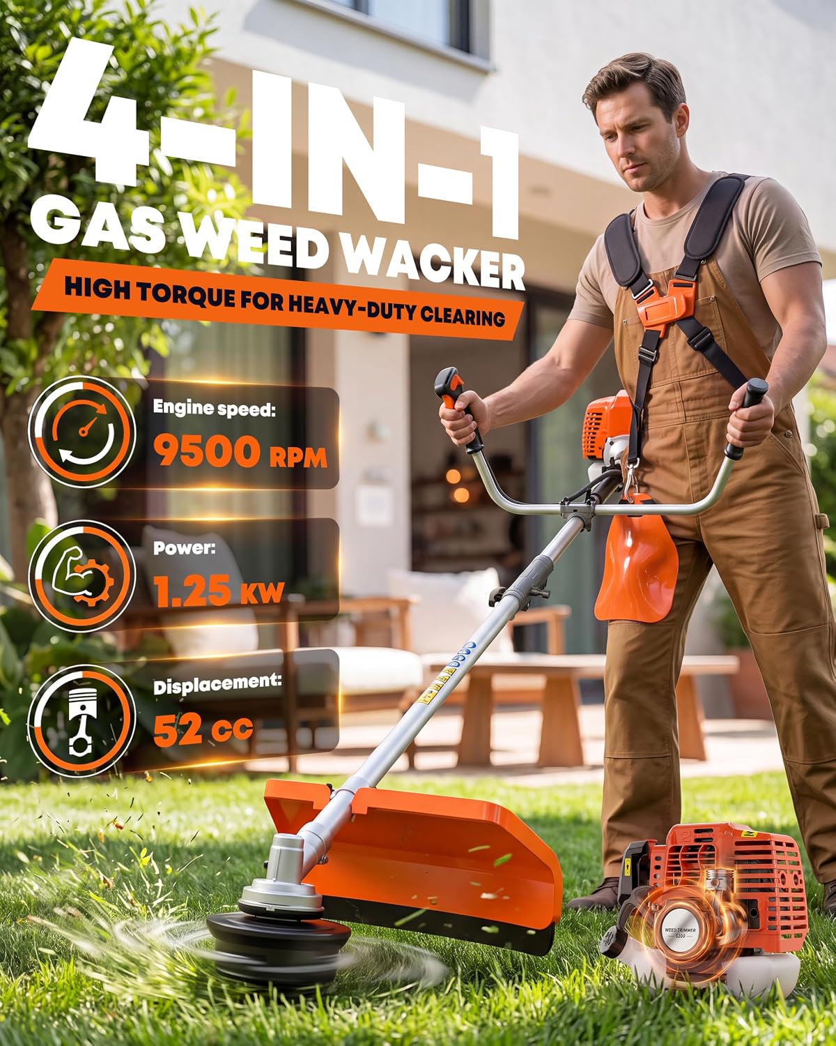 52cc 4-in-1 Gas Weed Eater and Brush Cutter - Straight Shaft Commercial Weed Wacker with Metal Blade - Heavy Duty 2-Cycle Multi-Tool System for Tall