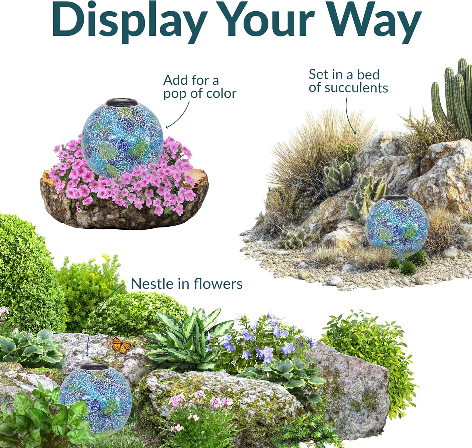 Sunnydaze Solar Gazing Ball for Garden, Mosaic Cool Blooms