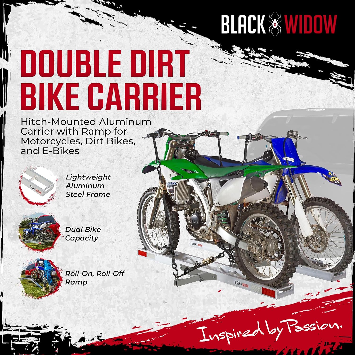 Black Widow Aluminum Dirt Bike Hitch Carrier with Ramp, 400 lb Capacity | Non-Folding Motorcycle, eBike & Fat Tire Bike Hauler for Truck & SUV, Fits 2-Inch Class III/IV Hitch Receiver