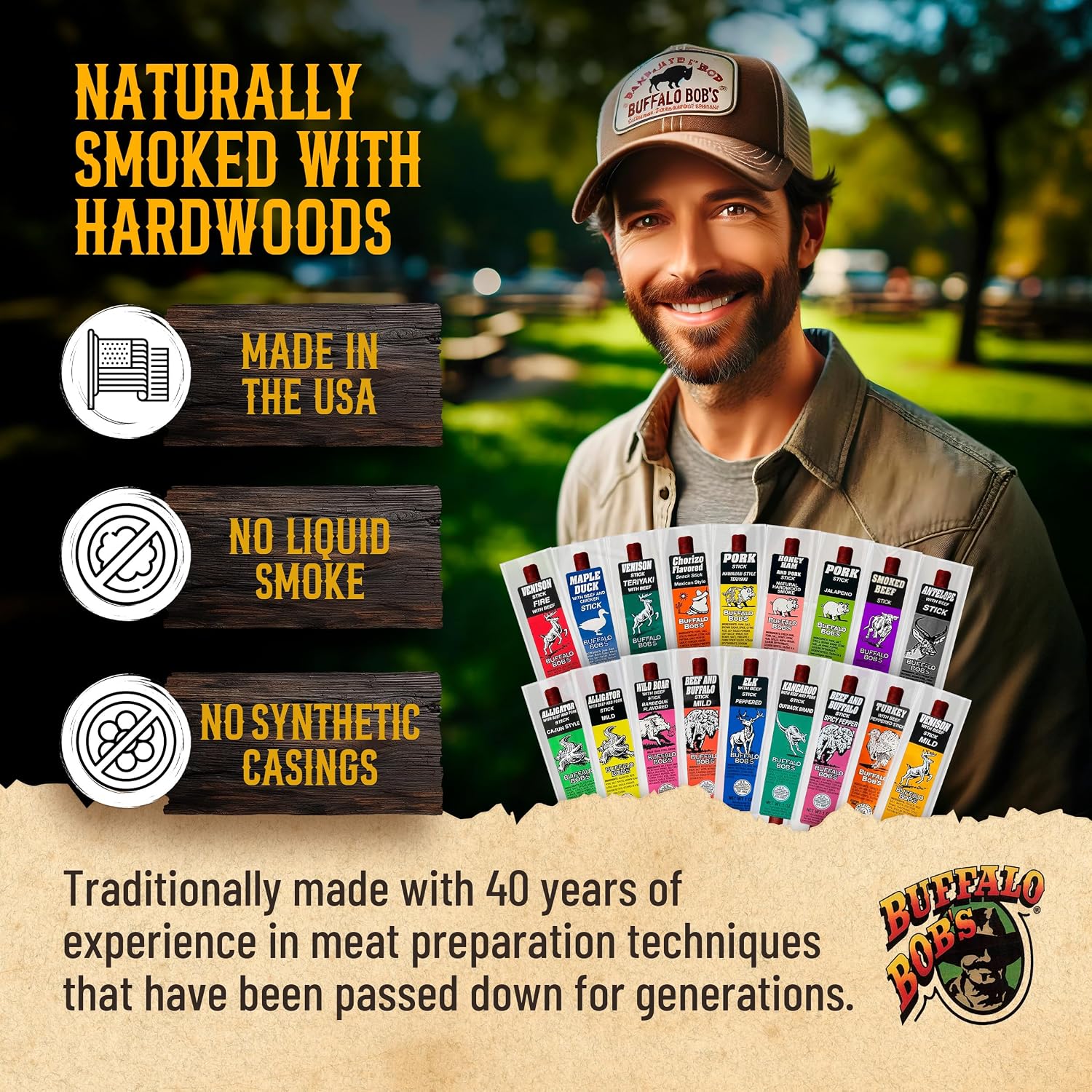 Buffalo Bob's Wild Game Meat Snacks (1oz Stick, 10 Pack) Exotic Variety Assortment Sampler, Gift for Men/Dad, Stocking Stuffer, Adventure Enthusiast