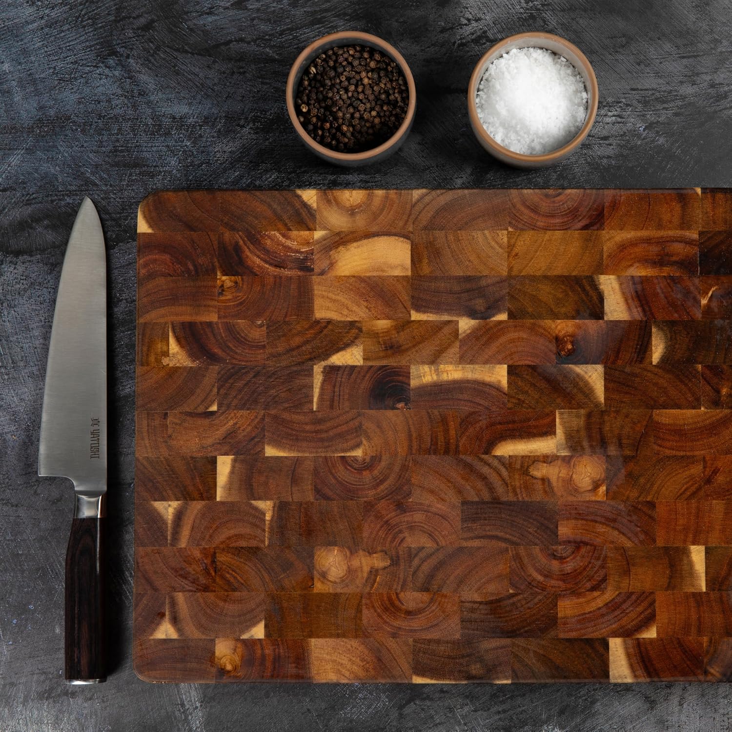 Extra-Large Acacia Wood Cutting Board with Built-In Handles – Checkered End-Grain Butcher Block, Reversible Chopping Board for Meat