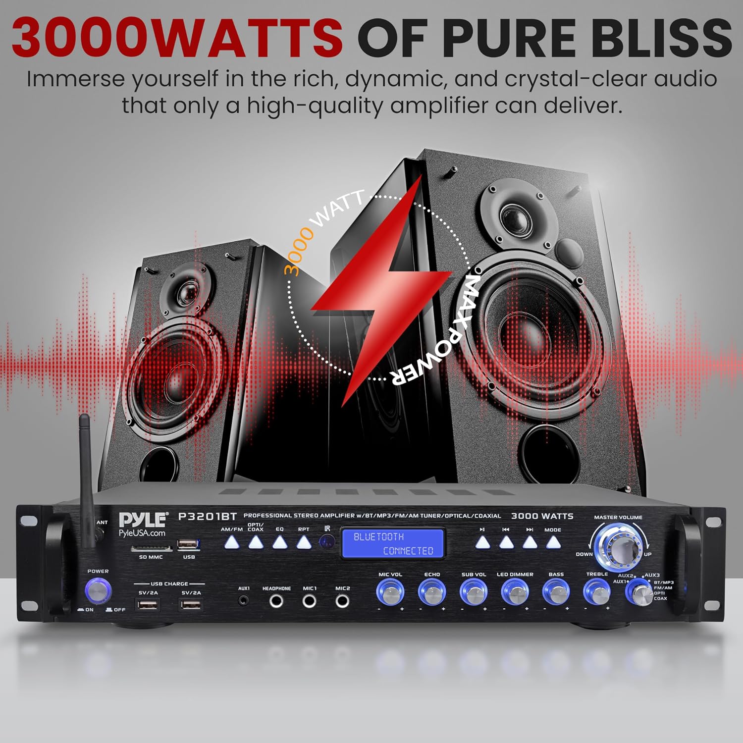 Pyle Multi Channel Bluetooth Preamplifier Receiver - 3000 Watt Audio Home Speaker Sound Stereo w/Radio, USB, Headphone, AUX, RCA