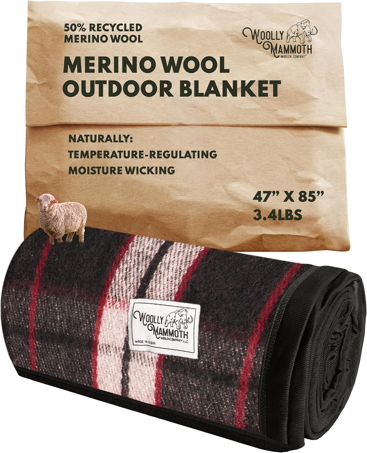 Woolly Mammoth Woolen Company Merino Wool Blanket, 66" x 90" Moss | Temperature Regulating - Fire-Resistant - Warm Camping Blanket for Car Emergency Kits, Picnics, Summer Festivals and Stadiums