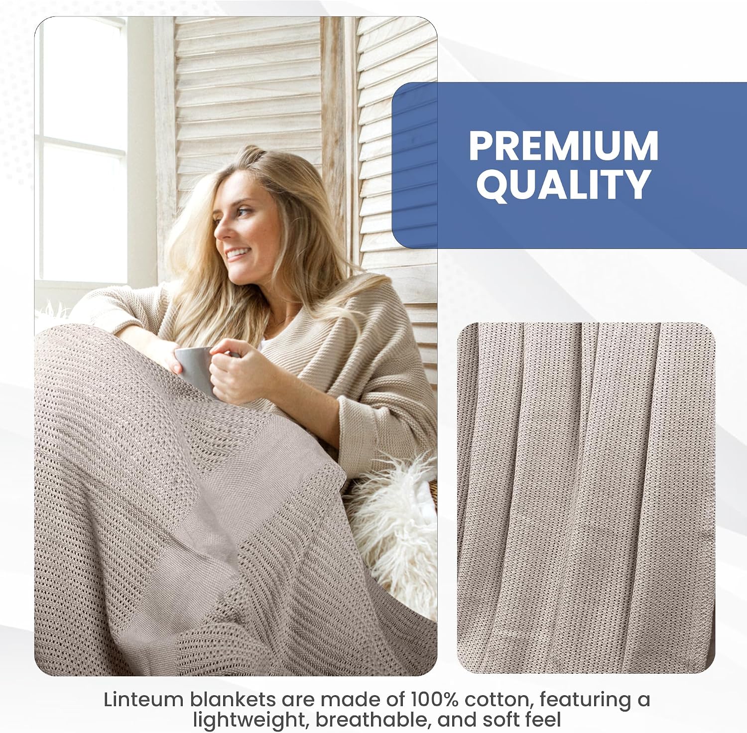 Linteum 100% Cotton Open-Cell Leno Weave Blanket — Breathable All Season — Queen 90x90 — Ice Grey