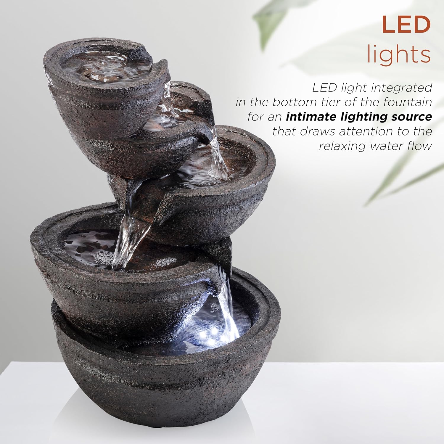Alpine Corporation WIN1138 13" Indoor Tabletop Tiering Bowls Water Fountain with LED Lights – Cascading Water Feature for Home, Office, Meditation, and Relaxation, Dark Gray