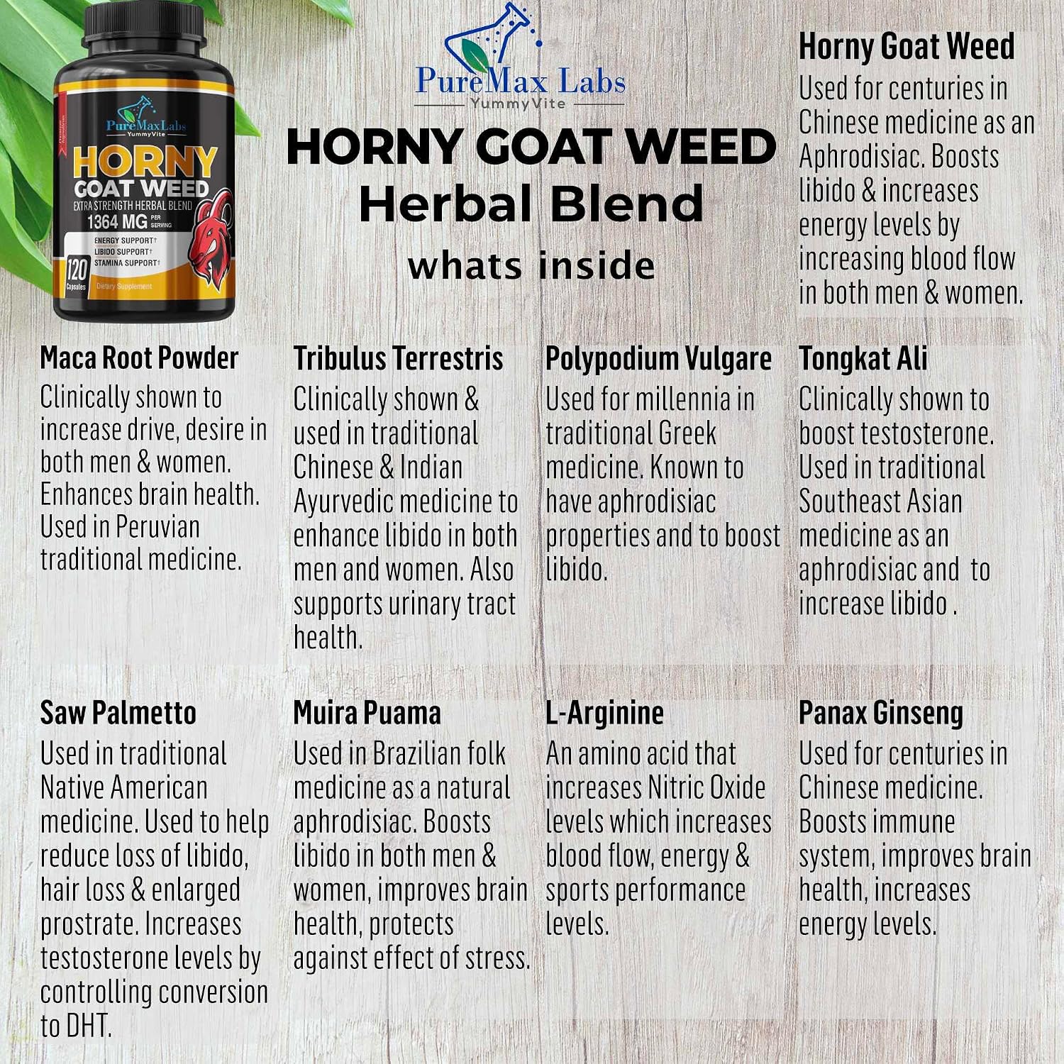YUMMYVITE Horny Goat Weed Extra Strength Blend, w. Maca, Arginine, Ginseng, Tribulus, Tongkat, Libido, Stamina, Energy Support, Non-GMO Formula