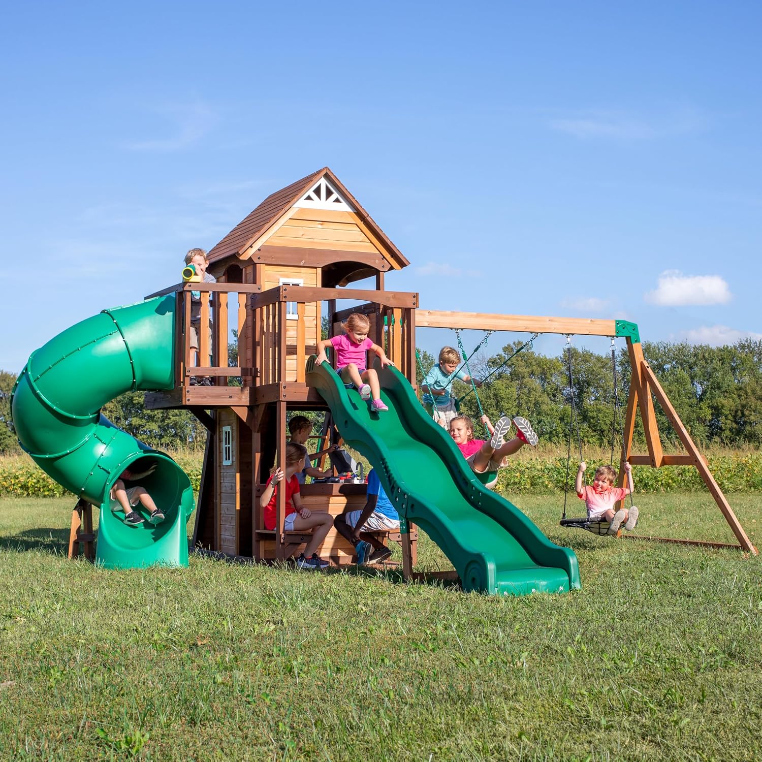 Backyard Discovery Cedar Cove Cedar Wood Swing Set with Spiral Tube Slide, Wave Slide, Clubhouse, Toy Grill, Snack Bar, Rock Wall, Belt Swings
