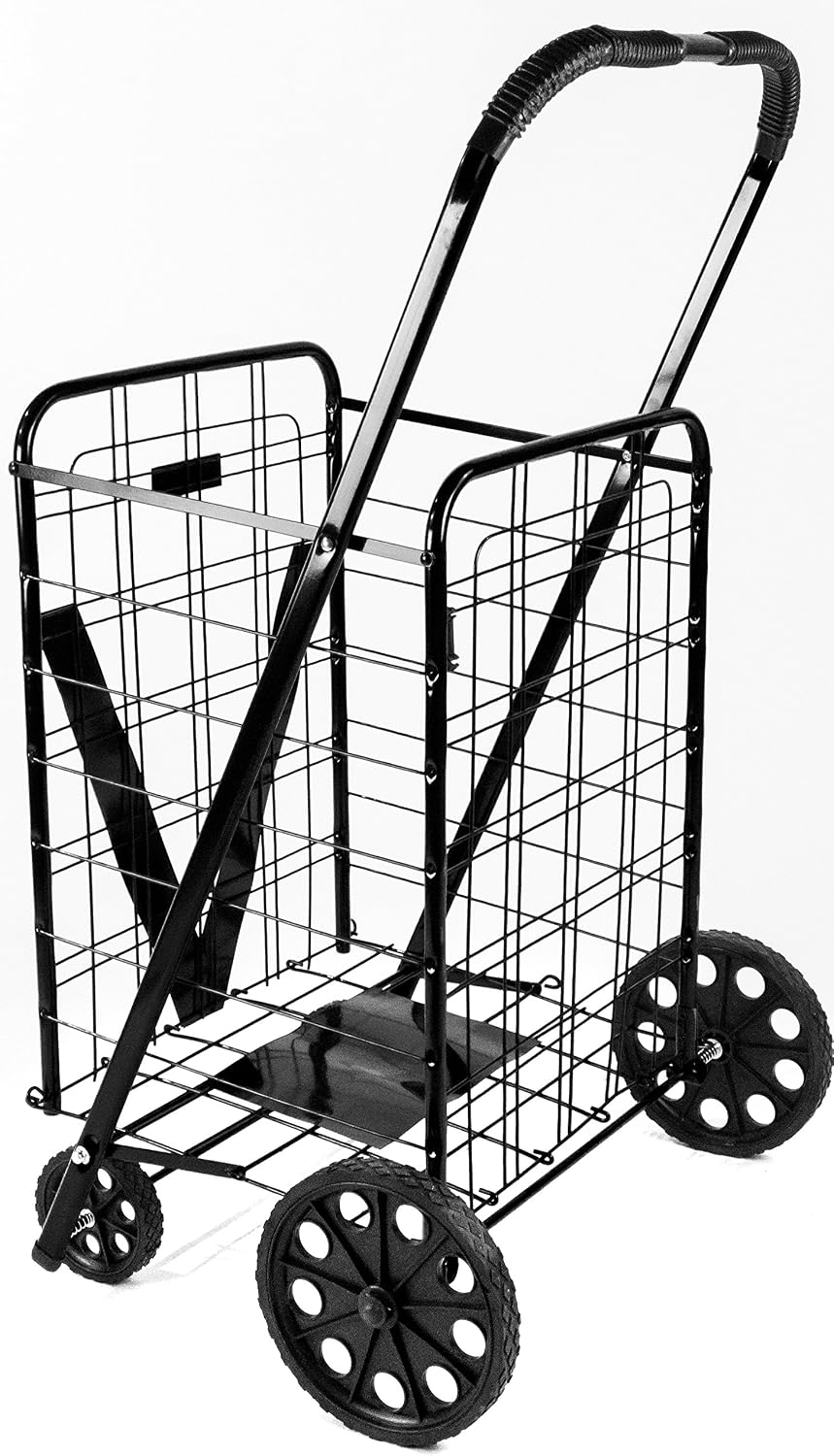 ATH Large Deluxe Rolling Utility / Shopping Cart - Stowable Folding Heavy Duty Cart with Rubber Wheels For Haul Laundry, Groceries, Toys, Sports Equipment, Red