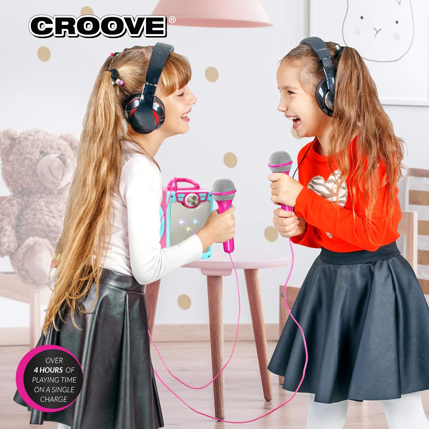 Rechargeable Pink Karaoke Machine, 2 Microphones, Bluetooth, Girls Ages 8+