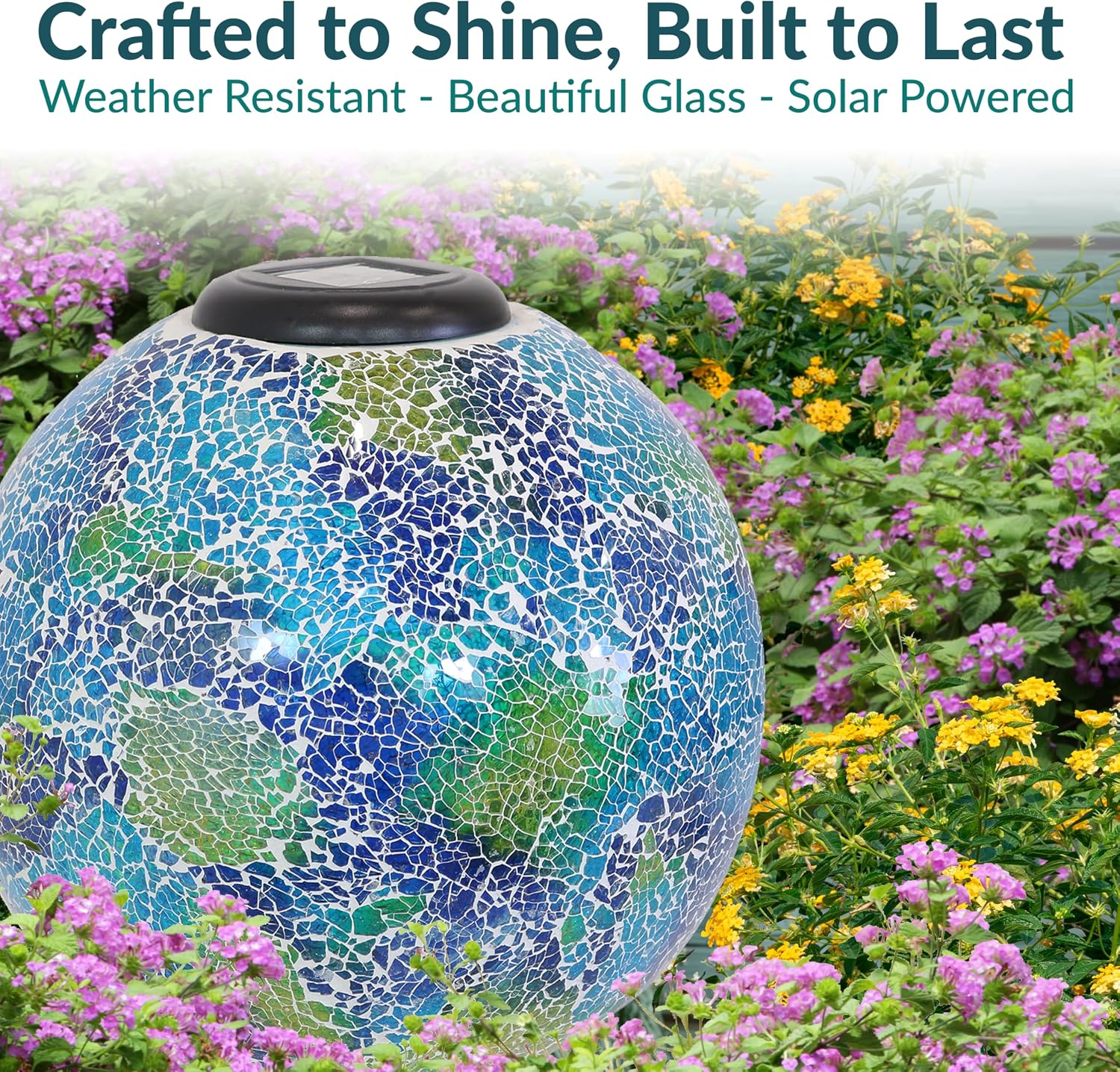 Sunnydaze Solar Gazing Ball for Garden, Mosaic Cool Blooms